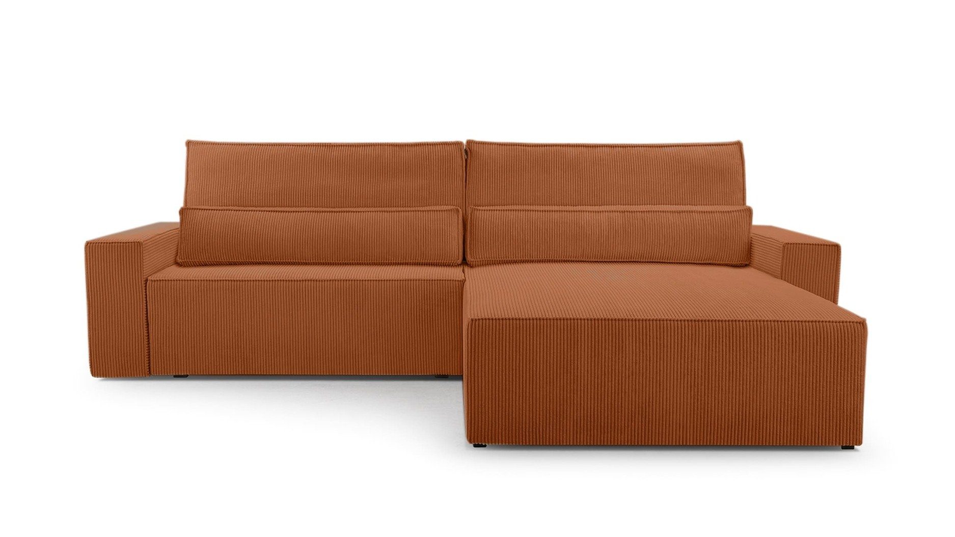 MOEBLO Ecksofa DENVER, mane beidseitig montierbar Couch Cord für Wohnzimmer Schlafsofa Sofagarnitur Sofa Eckcouch L-Form Cordstoff - 297x85x185cm, mit Schlaffunktion und Bettkasten Orange (Poso 40)