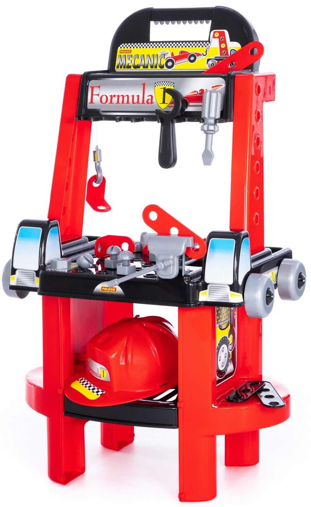 Polesie Kinder-Werkzeug-Set Mechaniker Set 2in1 Formula Werkzeugbank Trolley mit Zubehör und Helm, (Set, 30-tlg)