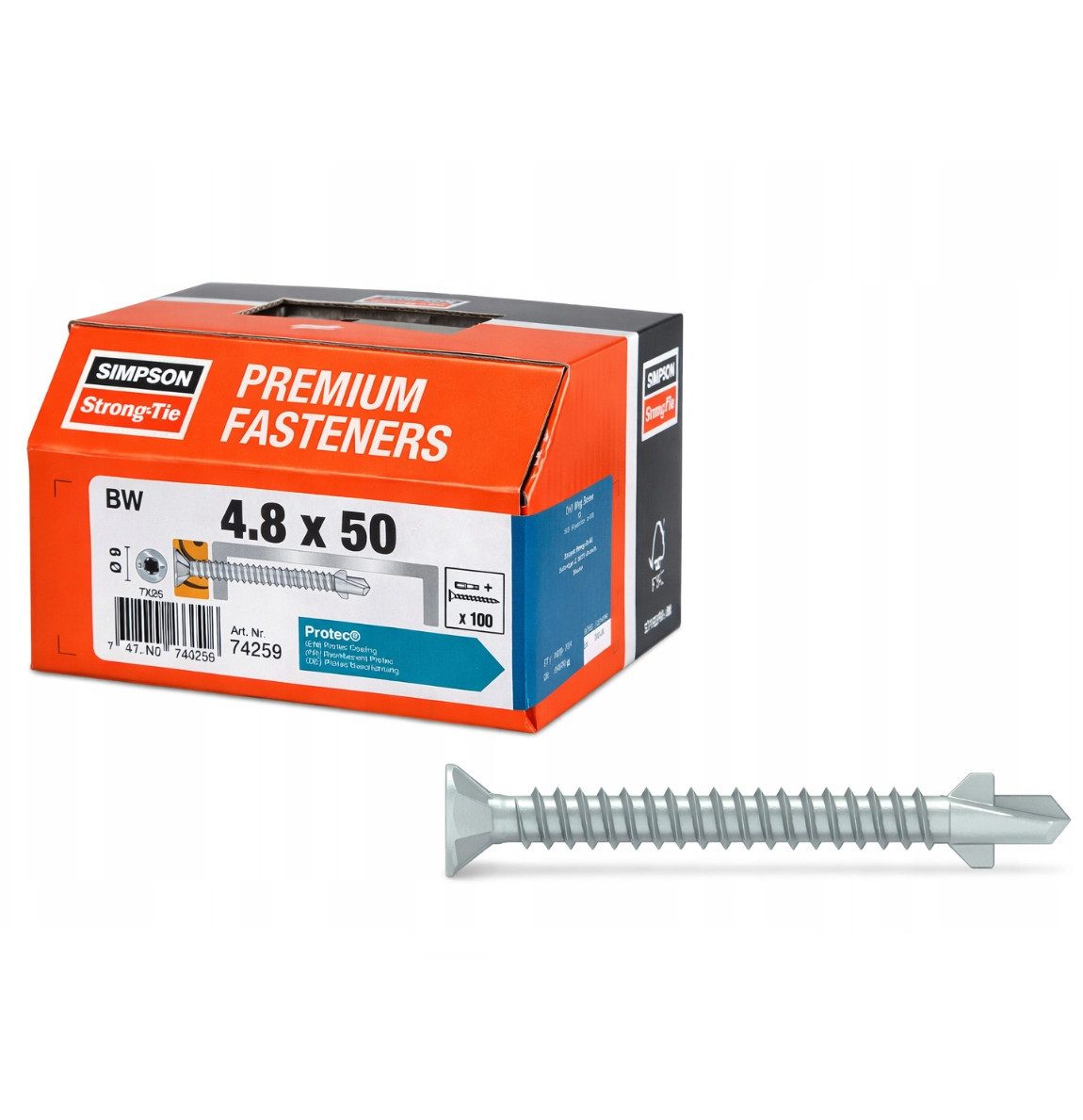 Simpson Strong-Tie® Bohrschraube Flügelbohrschrauben Holz-Metall selbstbohrend TX25 Protec 4,8 x 50 mm, (100 St)