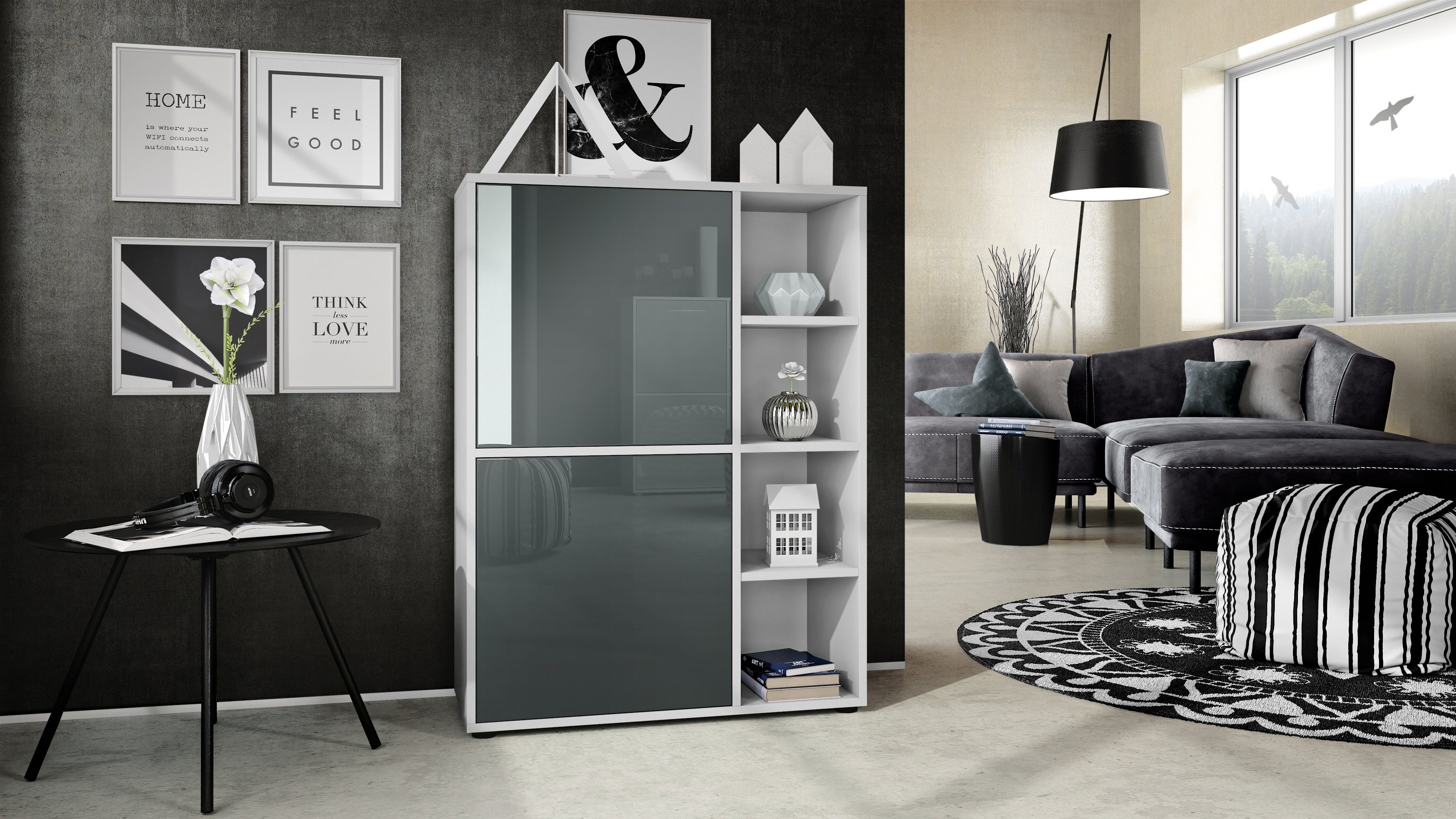 Vladon Highboard Cuba (Anrichte, mit 2 Türen und 4 offene Fächer), Weiß matt/Grau Hochglanz (79 x 105,5 x 35,5 cm)