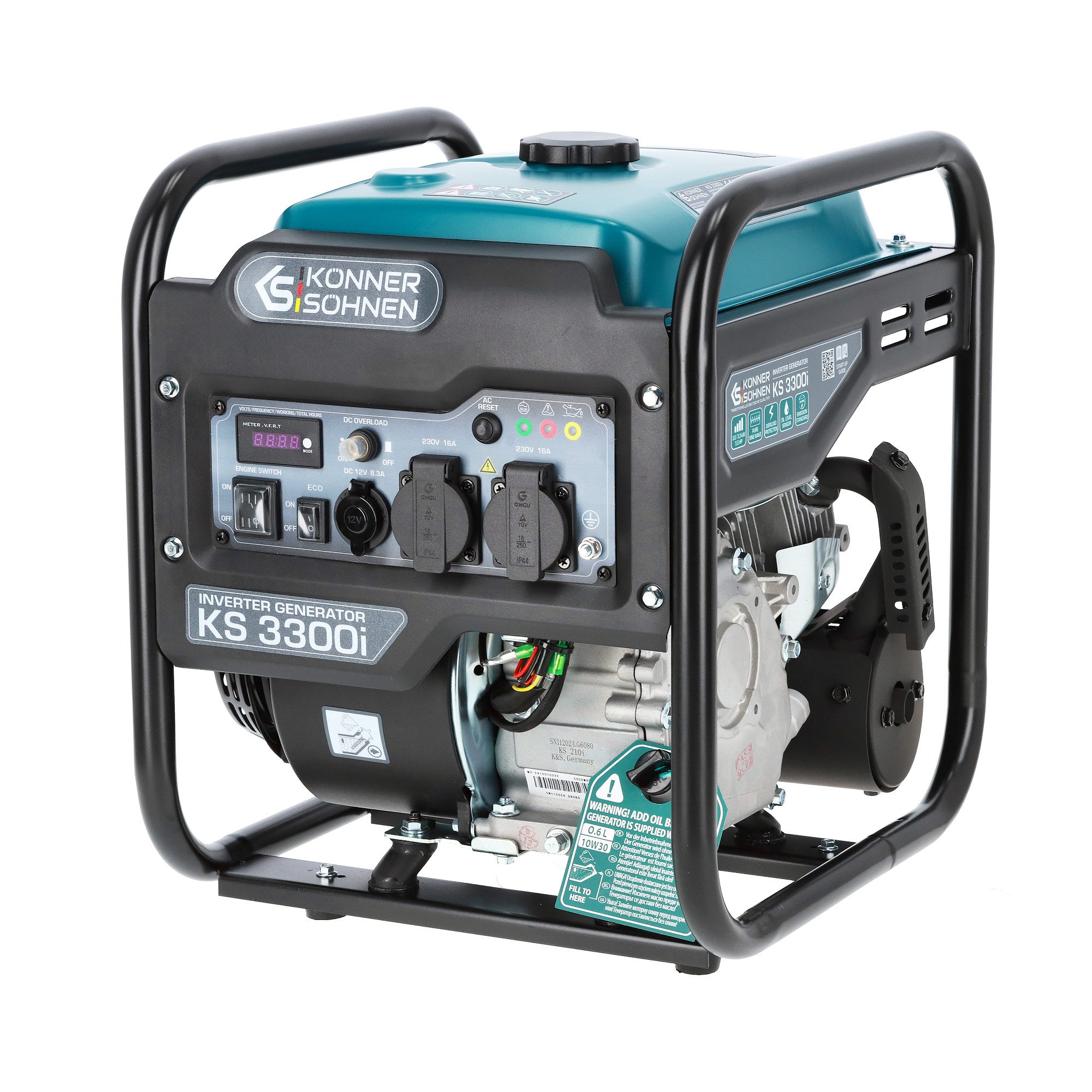 Könner & Söhnen Stromerzeuger KS 3300i, 3,30 in kW, (Invertergenerator, 1-tlg., Höchstleistung 3300 Watt, 2xSchuko 230V, LED-Anzeige), Kupferwicklungen, Kurzschluss- und Überlastschutz, EURO 5 Motor