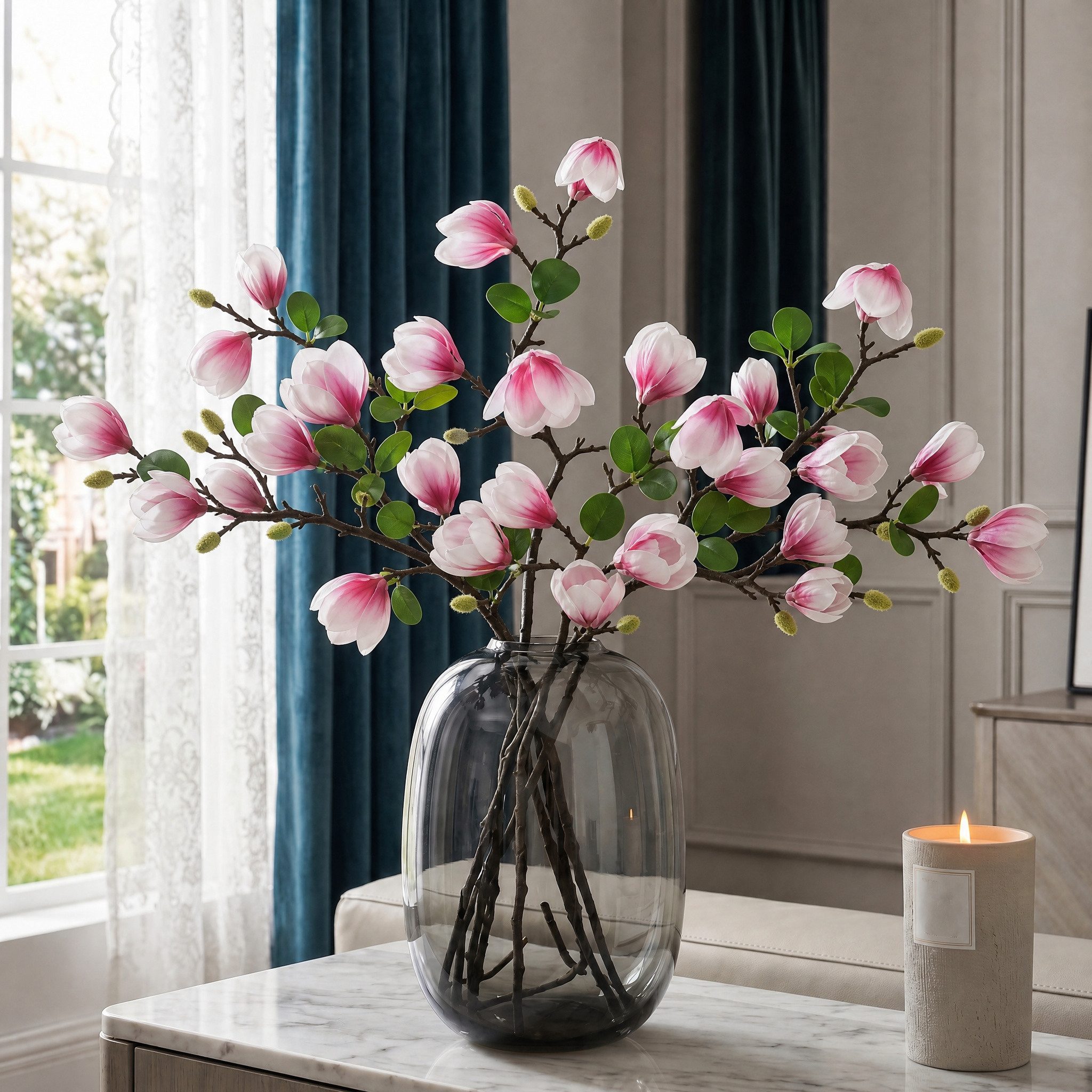 Kunstblume Kunstblumenstrauß Magnolie Rosa künstliche Blumen realistisch, Fanci Home