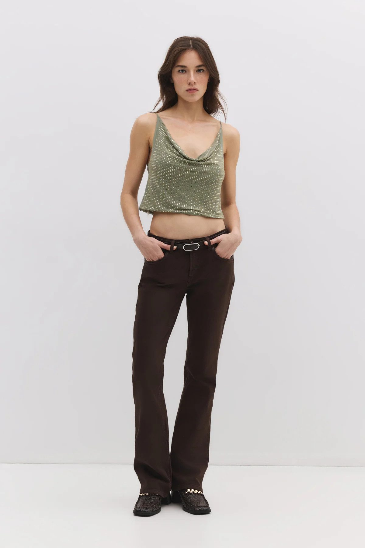 No Matter What Blusentop Top-Body mit tiefem Ausschnitt und Steinverzierungen