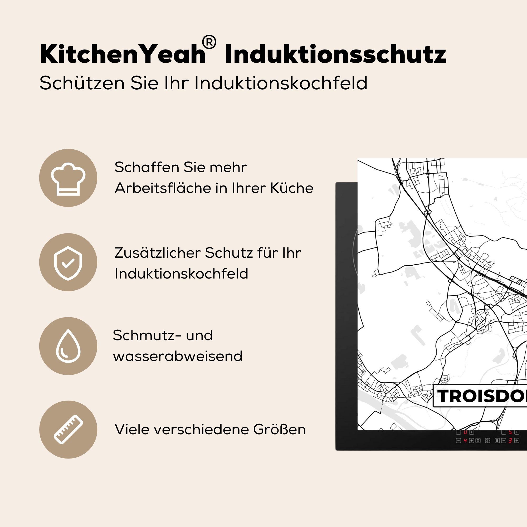 cm, Ceranfeldabdeckung, Herdblende-/Abdeckplatte für Troisdorf Arbeitsplatte küche Stadtplan, 78x78 - MuchoWow (1 Vinyl, Karte tlg), -