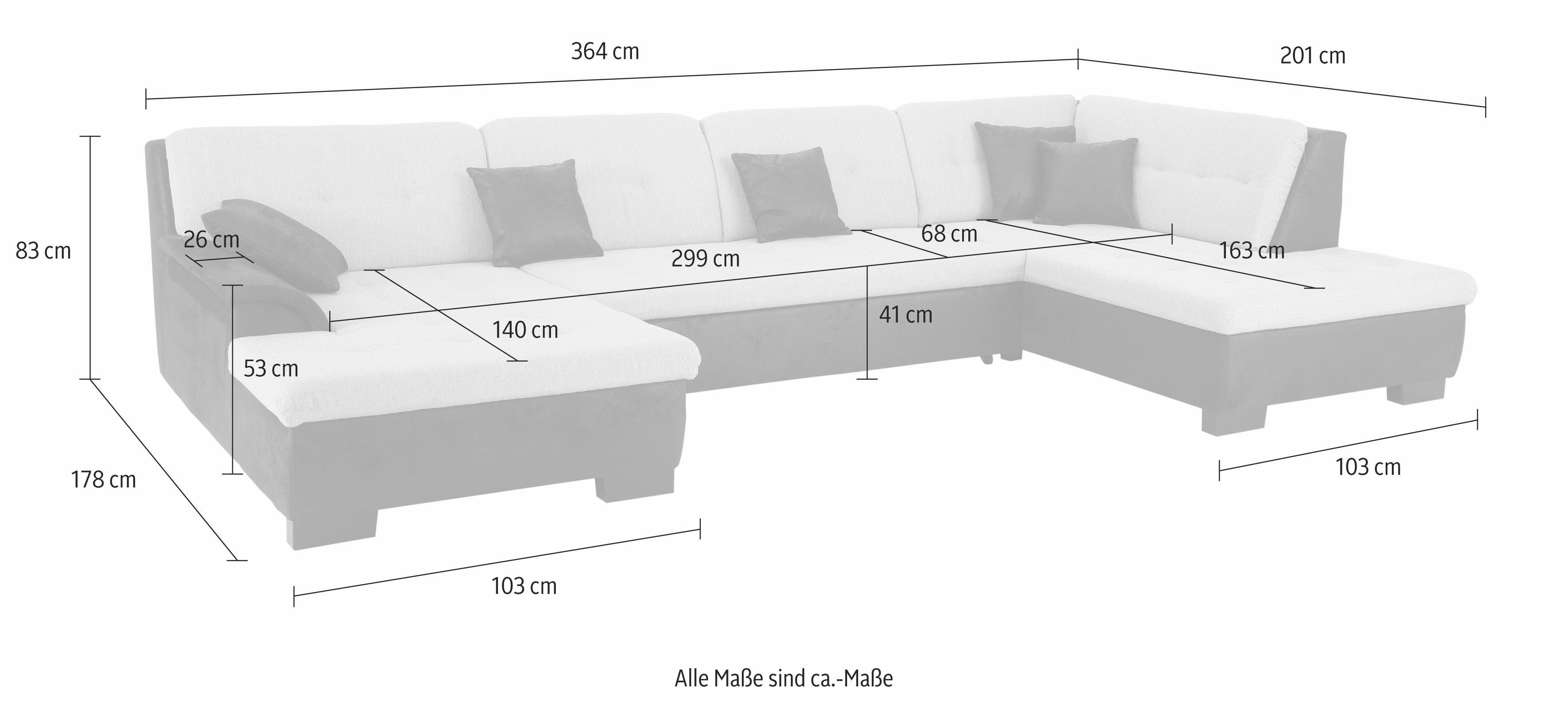 Home affaire Wohnlandschaft BERGEN 364x106x83 cm, elegantes Design, whlw. mit Bettfunktion, U-Form – Bild 2 von 4