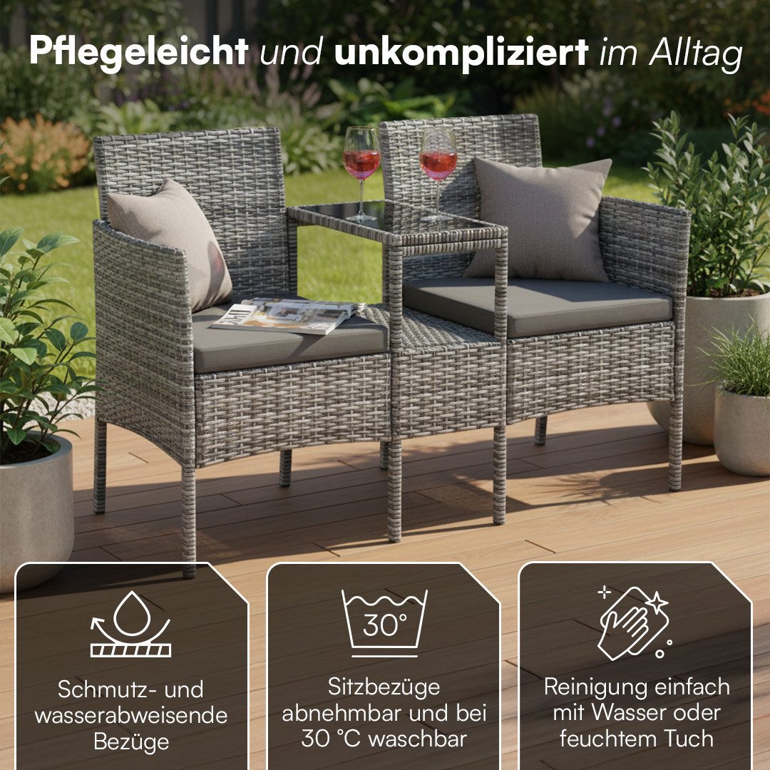 STEELSØN Balkonset Velara 2er Sofa mit Mitteltisch & Sitzpolstern, (grau-meliert/anthrazit), Rattan Gartenbank, stabiles Stahlgestell, wetterfest & pfegeleicht