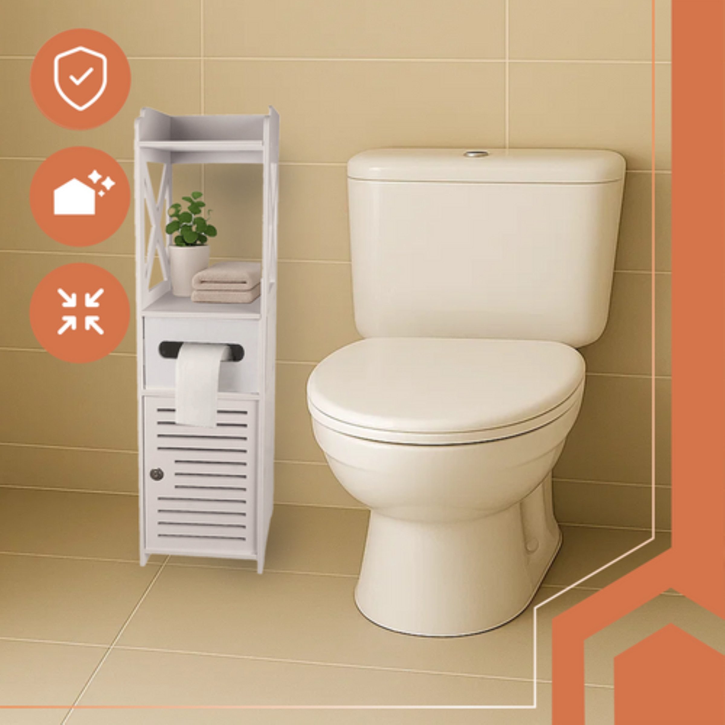 Ruhhy Badkommode Freistehender Badezimmerschrank mit Toilettenpapierhalter (Freistehender Badezimmerschrank mit Toilettenpapierhalter und Schloss, 1x Badezimmer – Bild 5 von 5