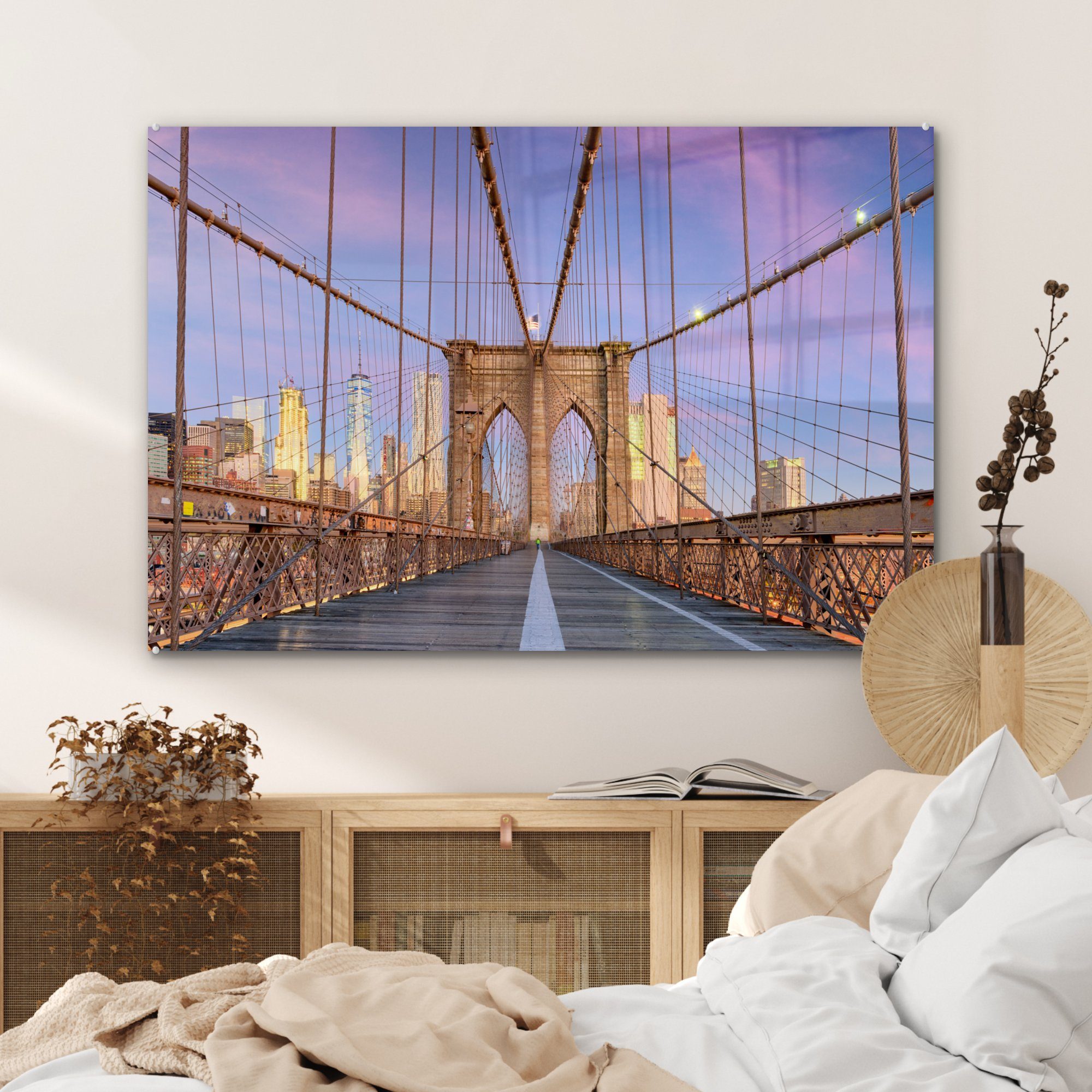 Sonnenuntergang Brooklyn New MuchoWow - Acrylglasbilder St), - (1 York Acrylglasbild Schlafzimmer Bridge, & Wohnzimmer