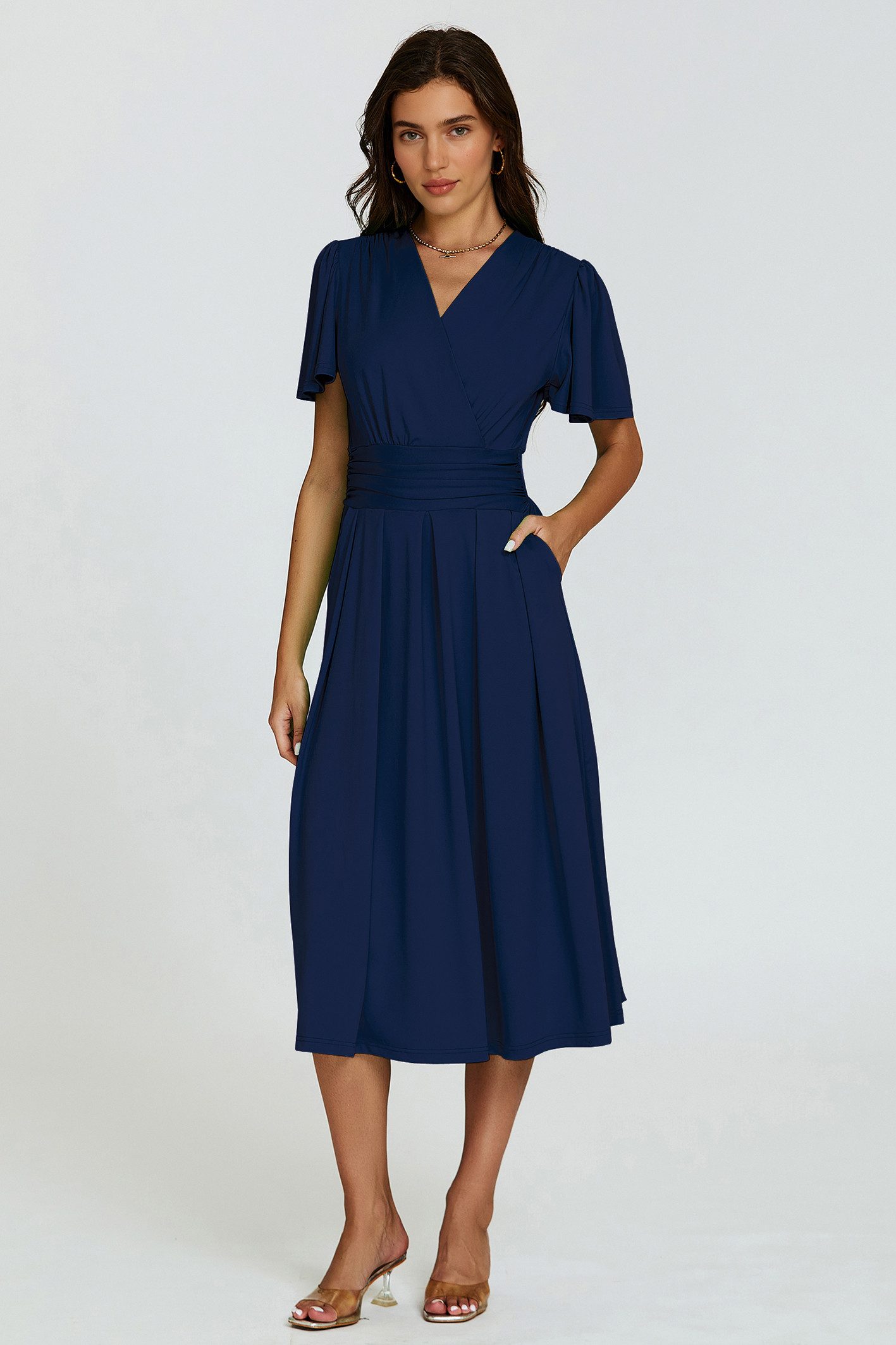 FS Collection Midikleid Damen Midikleid Sommerkleid Freizeitkleid Businesskleid Wickeloptik (Größen: XS (EU:36 / UK:8) · S (EU:38 / UK:10) · M (EU:40 / UK:12) · L (EU:42 / UK:14) · XL (EU:44 / UK:16), 3 Farben : Marineblau, Dunkelgrün und Hellgrün) Wickeloptik, elastische Taille, Seitentaschen, fließender Jersey-Stoff