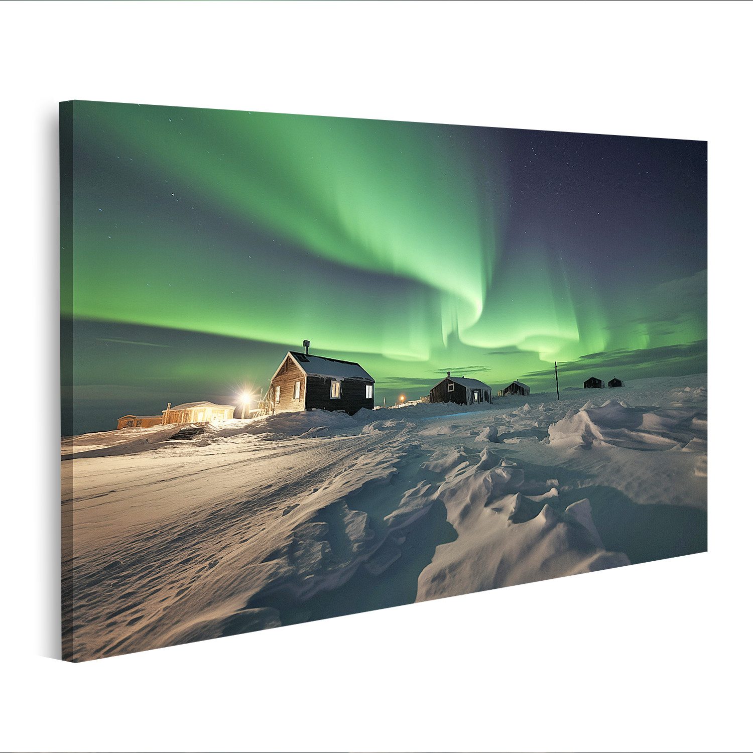 islandburner Leinwandbild Nordlichter über schneebedecktem Polardorf Aurora Borealis