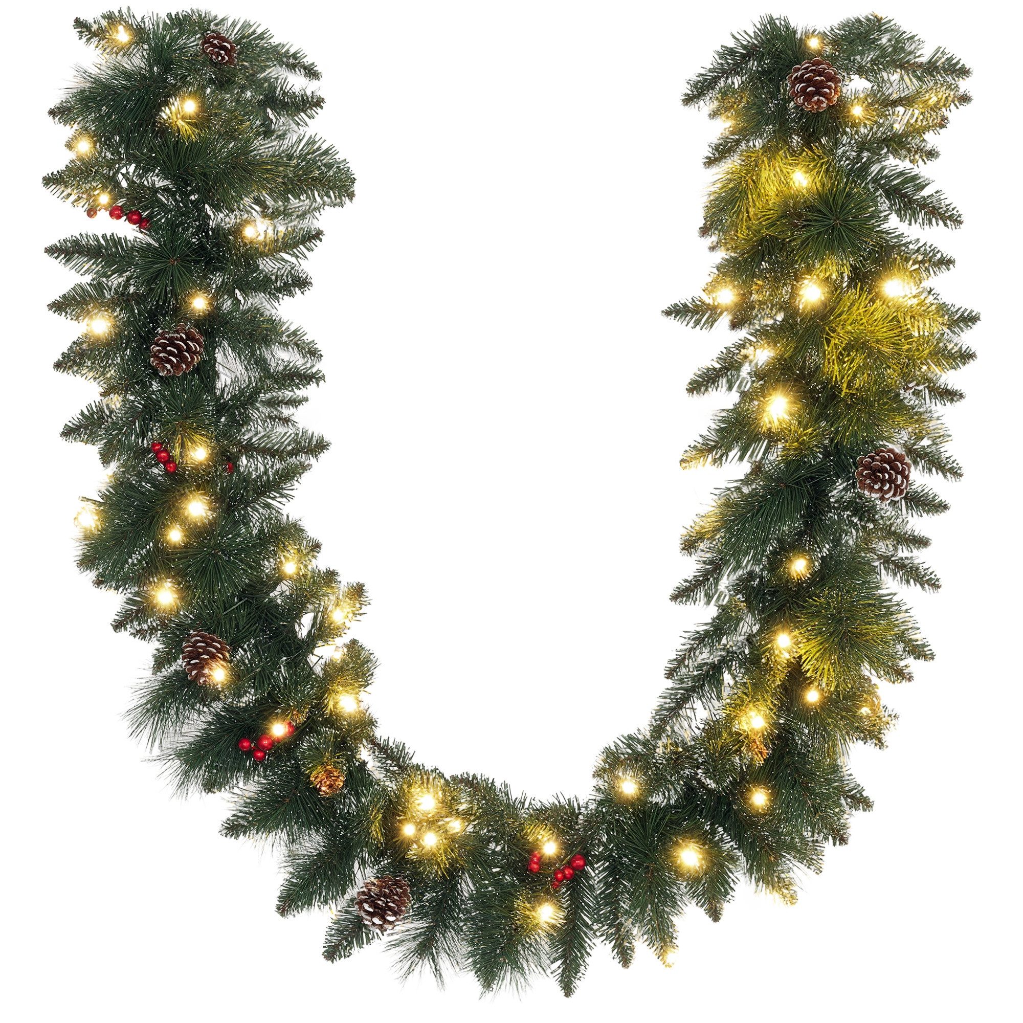 Kunstgirlande 1.8 m, mit Lichterkette, mit Tannenzapfen Beeren Tanne, HOMCOM, Höhe 30 cm, 180cm x 30cm x 30cm, für Treppen, Kamin, Metall, grün