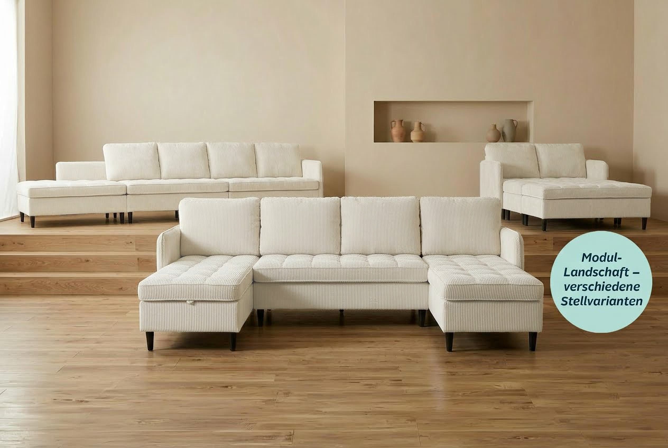 Dorel Home Wohnlandschaft LINDHUS, Cord, Modulsofa, verschiedene Stellvarianten, Breite als U-Form (254cm) mit Verbindern fixierbar, Recamiere,Stauraum