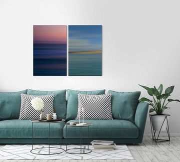 Sinus Art Leinwandbild 2 Bilder je 60x90cm Pastelltöne Horizont Dunkelblau Sonnenuntergang Minimal Modern Streifen