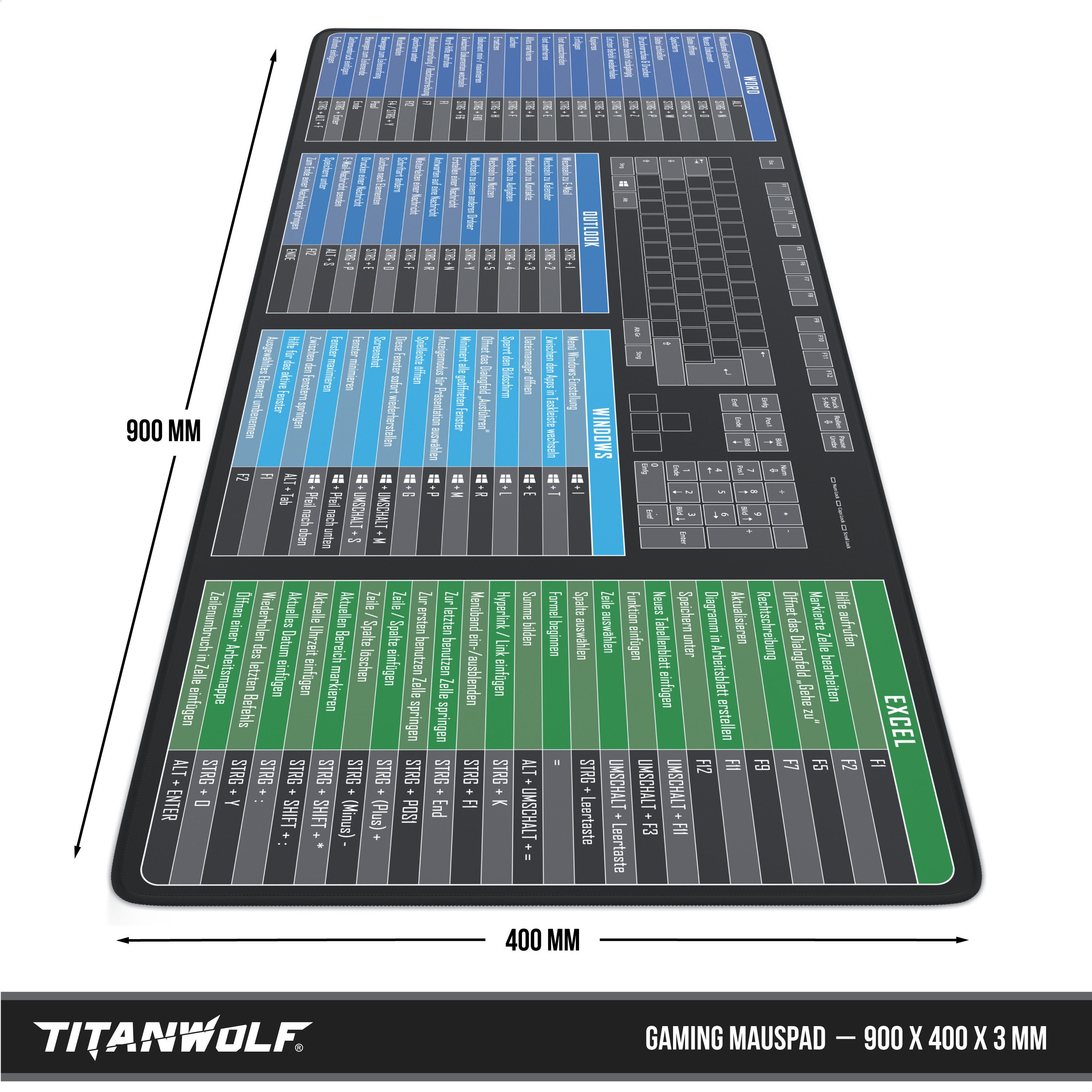 Titanwolf Gaming Mauspad XXL Speed Mousepad 900 x 400 x 3 mm, Schreibtischauflage, abwaschbar, rutschfeste Rückseite, Geschwindigkeit & Präzision, MS Keyboard