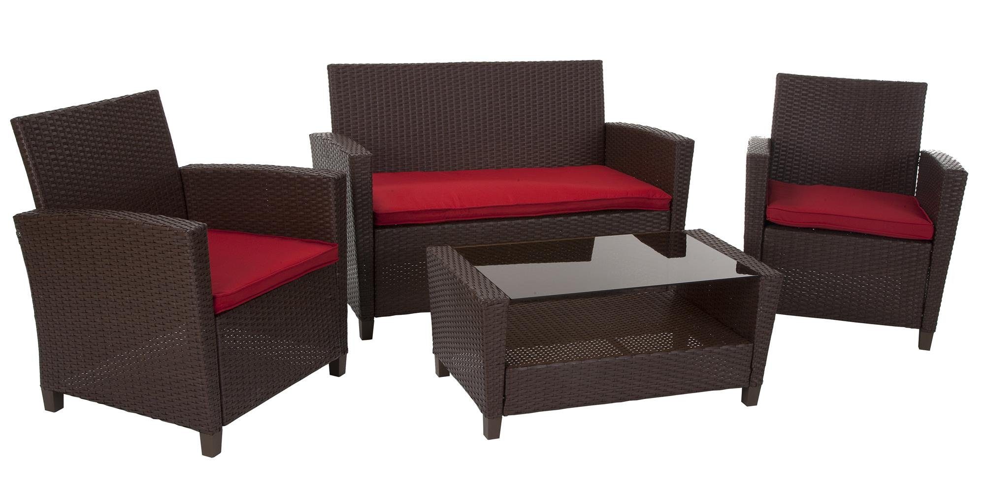 loft24 Gartenlounge-Set Malmo, (Set, 4-tlg., 2 Sessel, 1 Sitzbank, 1  Tisch), Outdoor-Möbel Set, Stahlgestell, Korbgeflecht