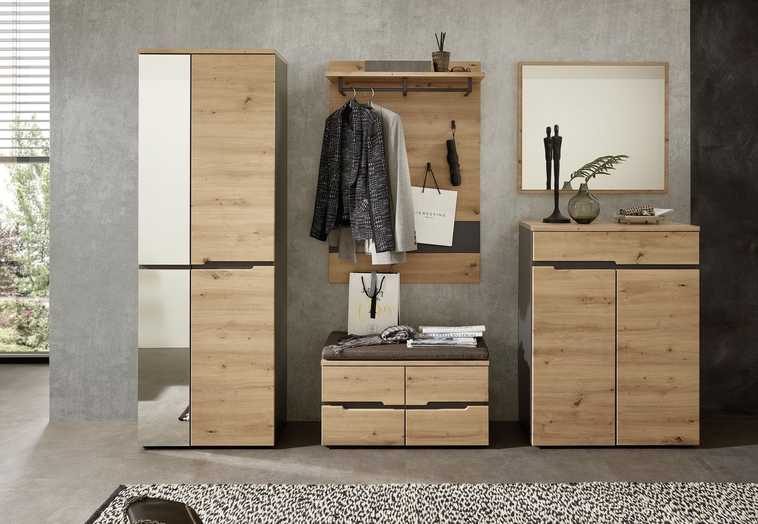 Innostyle Garderoben-Set MEMPHIS GH80 Artisan Eiche Nachbildung 5-teilig, (Komplett-Set, 5-St., Schrank, Paneel, Sitzbank mit Kissen, Schuhschrank und Spiegel)