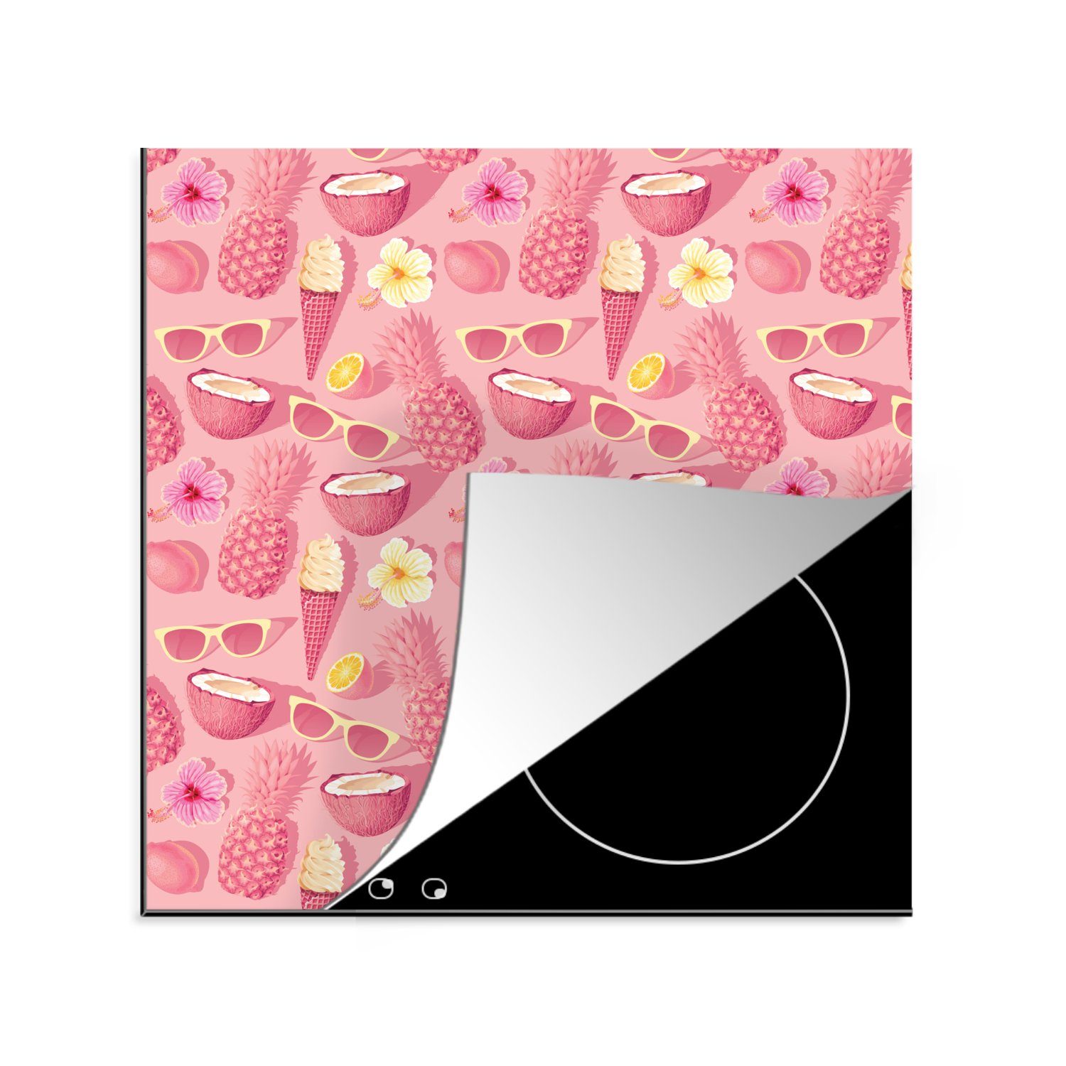 MuchoWow Herdblende-/Abdeckplatte Sommer - Rosa - Muster, Vinyl, (1 tlg), 78x78 cm, Ceranfeldabdeckung, Arbeitsplatte für küche | Herdabdeckplatten