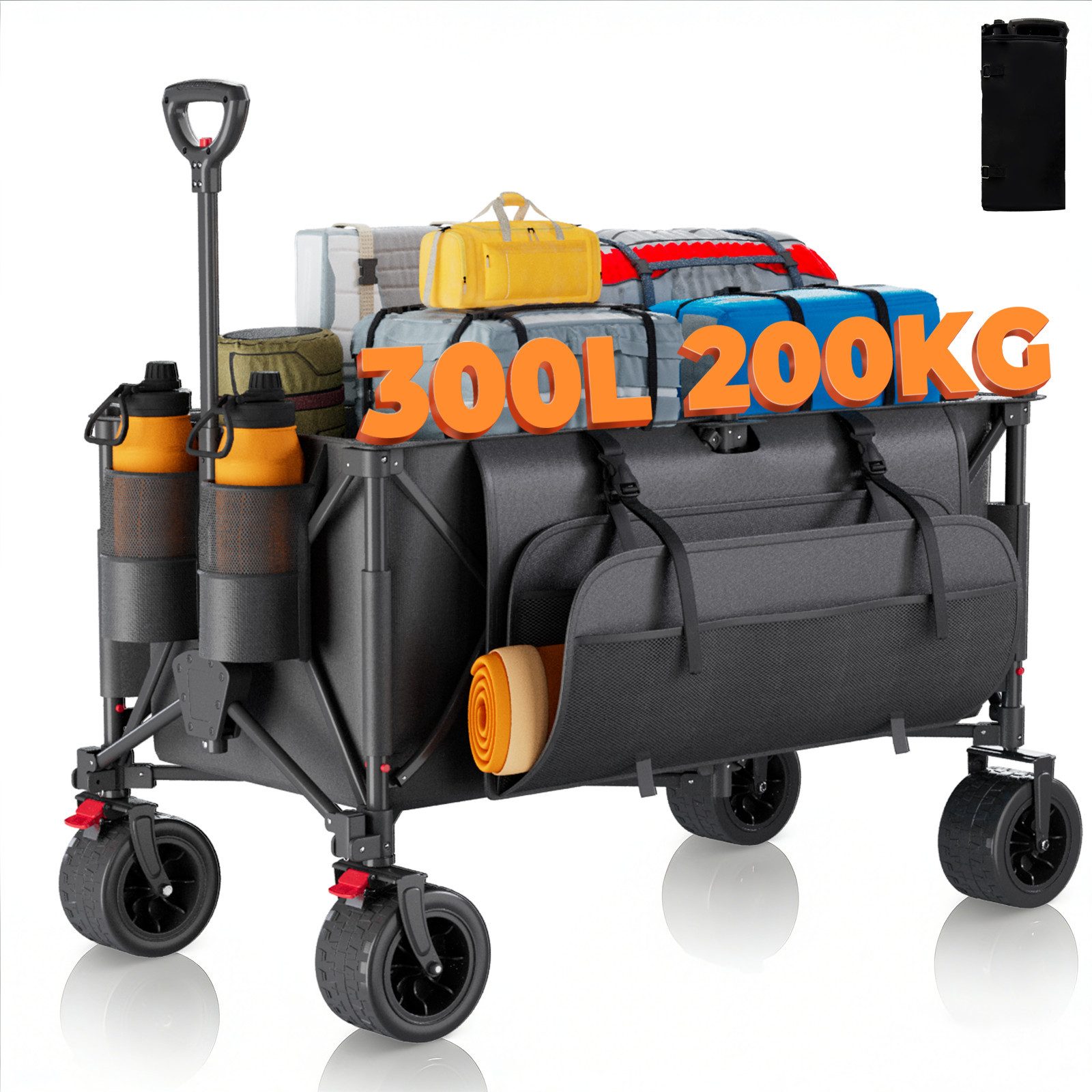 GUNJI Bollerwagen Klappbarer Wagen mit PVC-Reifen Campingwagen Tragfähigkeit 200KG (Reifen können um 360 Grad gedreht werden, mit Bremse, Kapazität 332L, geeignet für Picknick, Party, Strand, Camping)