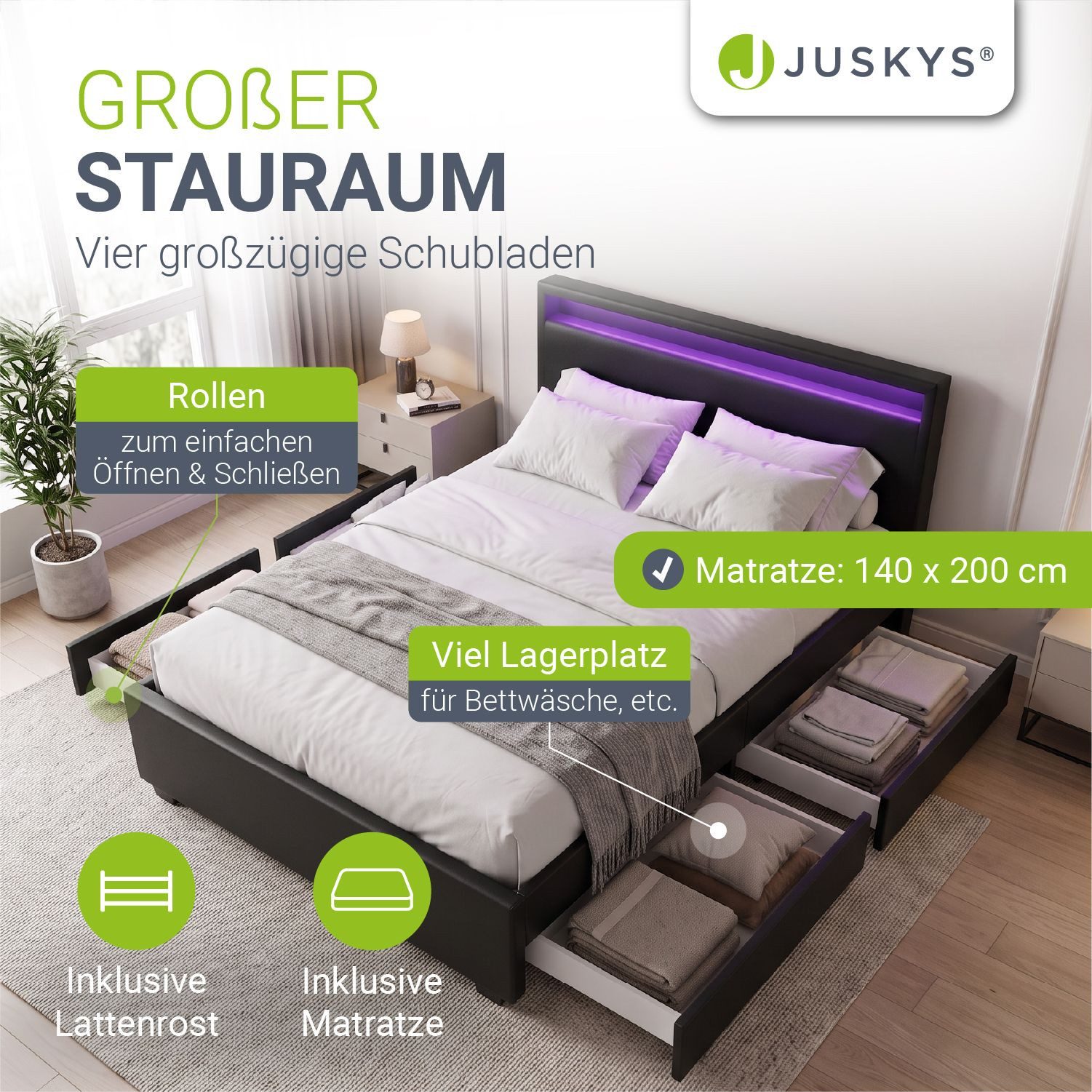 Juskys Polsterbett Lyon mit Matratze, 140x200 cm, ausziehbare Bettkästen, LED-Licht, inkl. Matratze