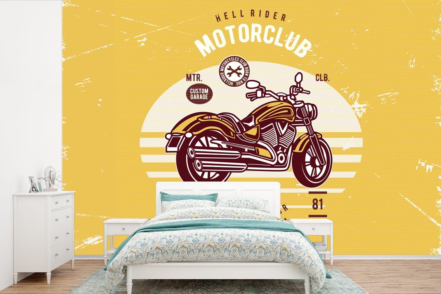 MuchoWow Fototapete Motorrad - Retro - Briefe - Zitat, Matt, bedruckt, (6 St), Wallpaper für Wohnzimmer, Schlafzimmer, Kinderzimmer, Vinyl Tapete