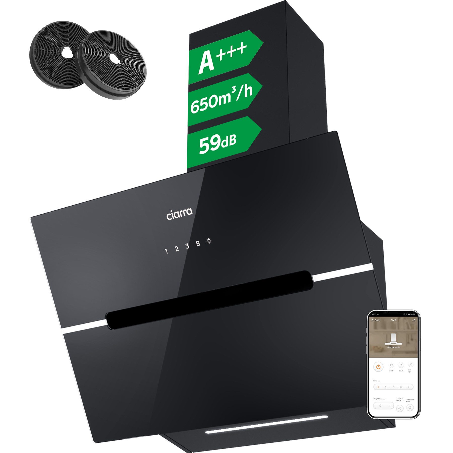 CIARRA Kopffreihaube 60 cm A+++ 650 m³/h Schräghaube leise Umluft & Abluft LED VM6736FB 60 cm A+++ 650 m³/h Schräghaube leise Umluft & Abluft LED VM6736FB, Kopffrei Dunstabzugshaube WIFI-APP Touch Control Inkl. BOOST 4 Stufen