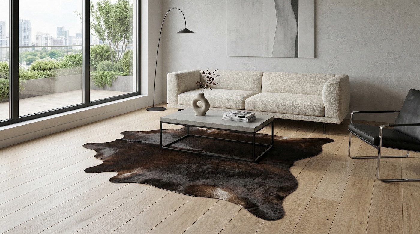 KUHFELL online & NOMAD Fellteppich Kuhfell Rinderfell Teppich Dunkelbraun Schwarz Natur 230 x 190 cm