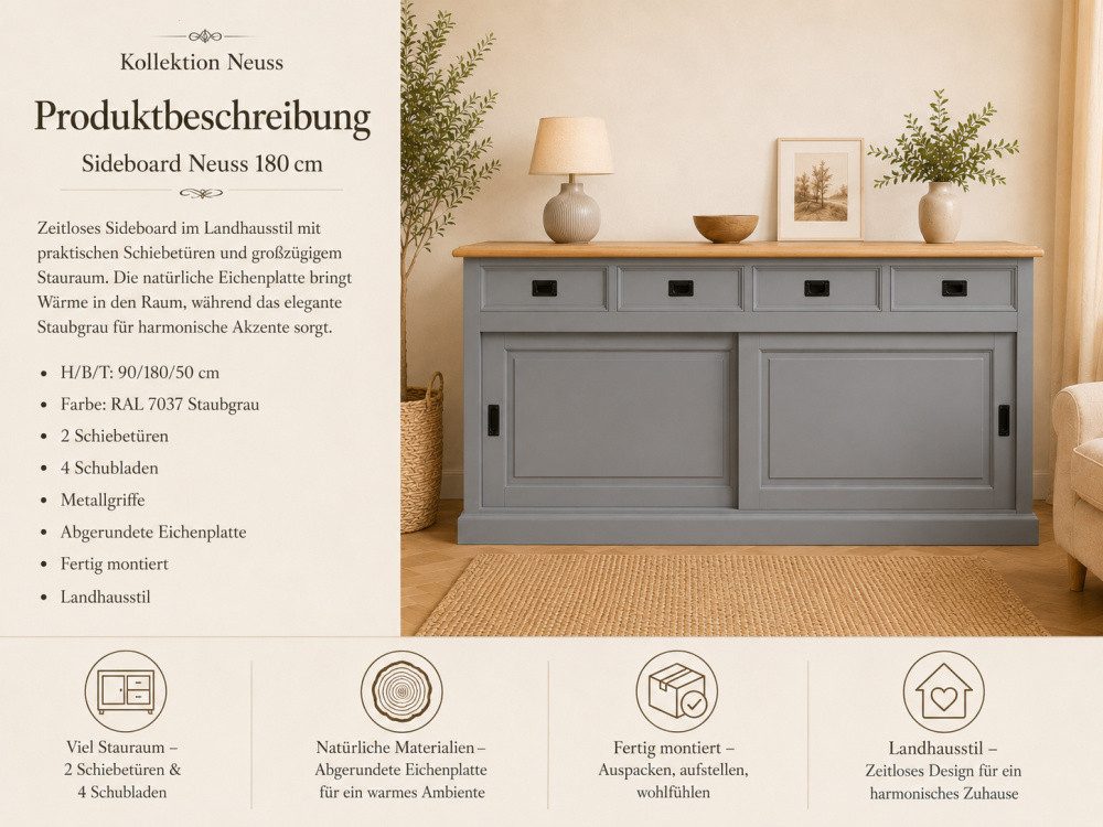 Wohnpalast Buffet Sideboard Neuss grau/eiche 180 cm mit Schiebetüren im Landhaus Stil