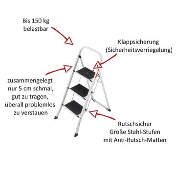 Hailo Trittleiter K20 Stahl-Klapptritt weiss 3 Stufen K40 Anti-Rutsch HobbyStep, Anti-Rutsch-Matten, Klappsicherung
