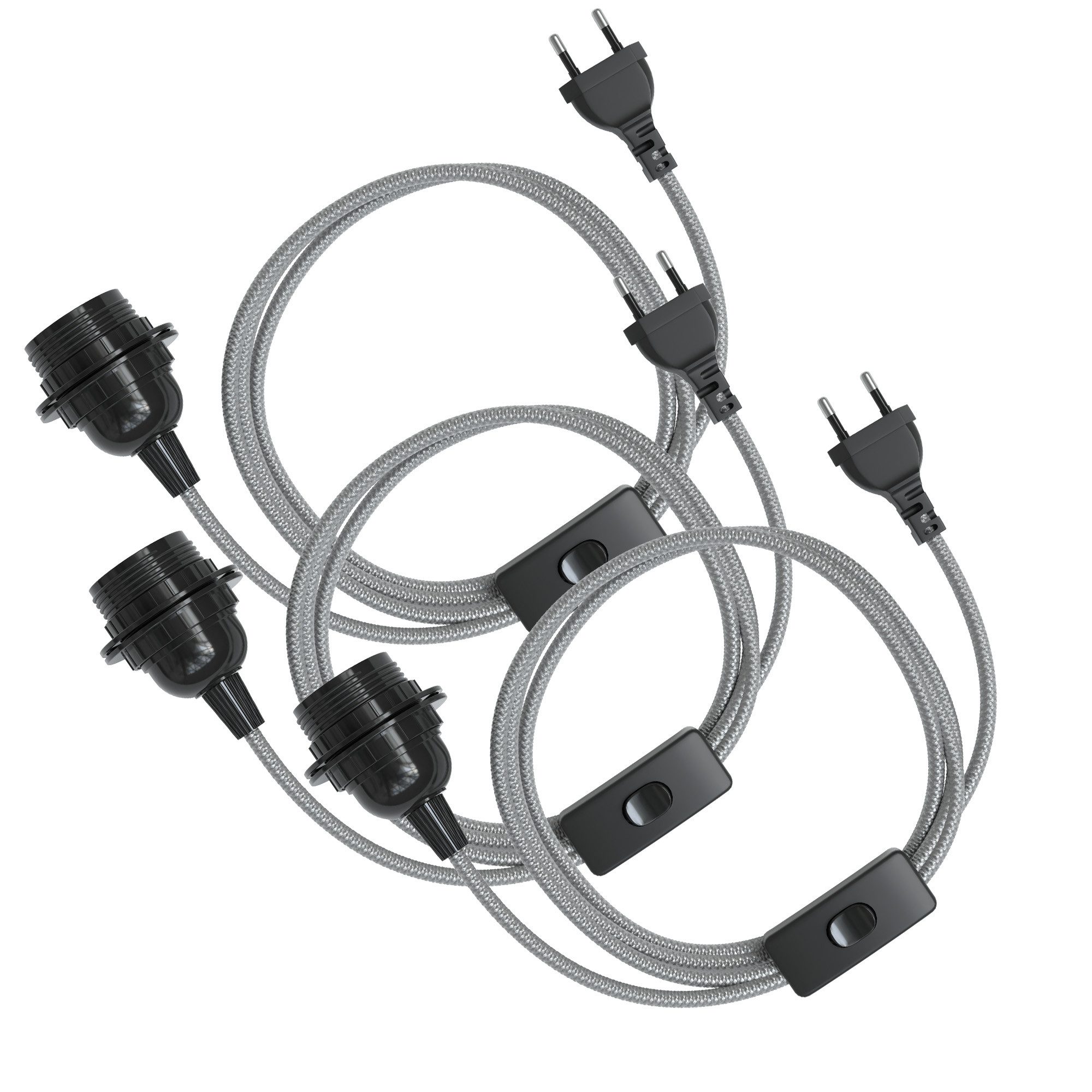 EAZY CASE Lampenfassung 3x E27 Lampensockel 5m Kabel & Schalter DIY Lampen, (3-St), E27 Lampenfassung Stecker Stoff Kabel 5,0m Glühbirne Vintage Silber