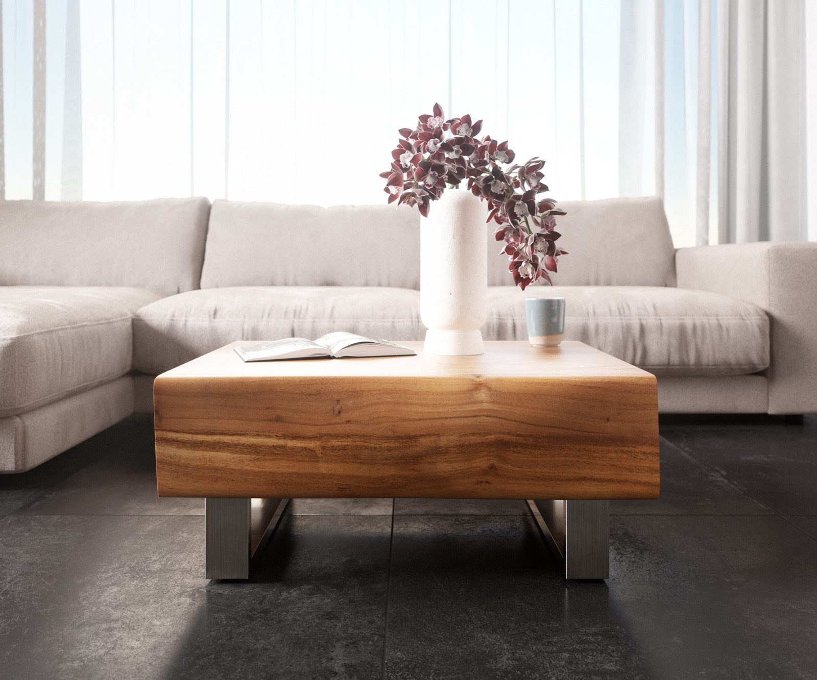 DELIFE Couchtisch New, Live-Edge Akazie Natur 80x60 cm 2 Schubladen Kufe Edelstahl gebürstet