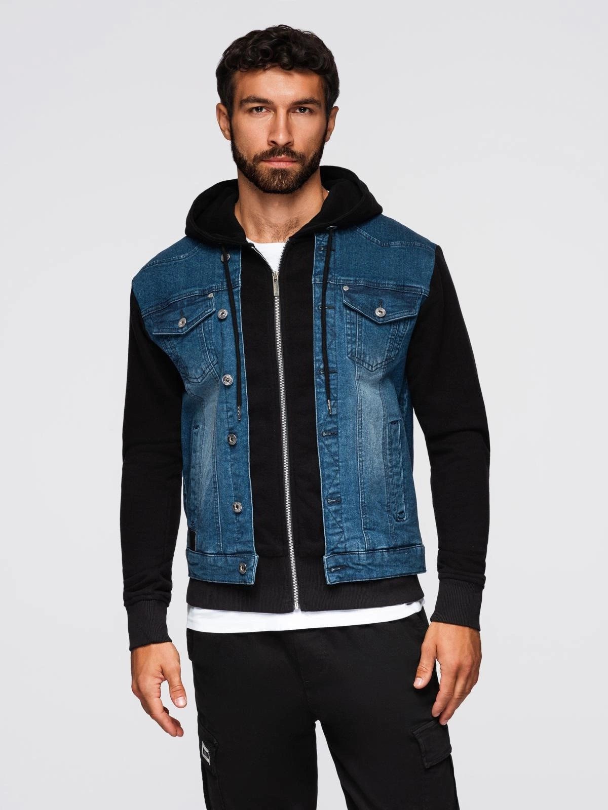 OMBRE Jeansjacke Herren-Jeansjacke mit Strickärmeln und Kapuze