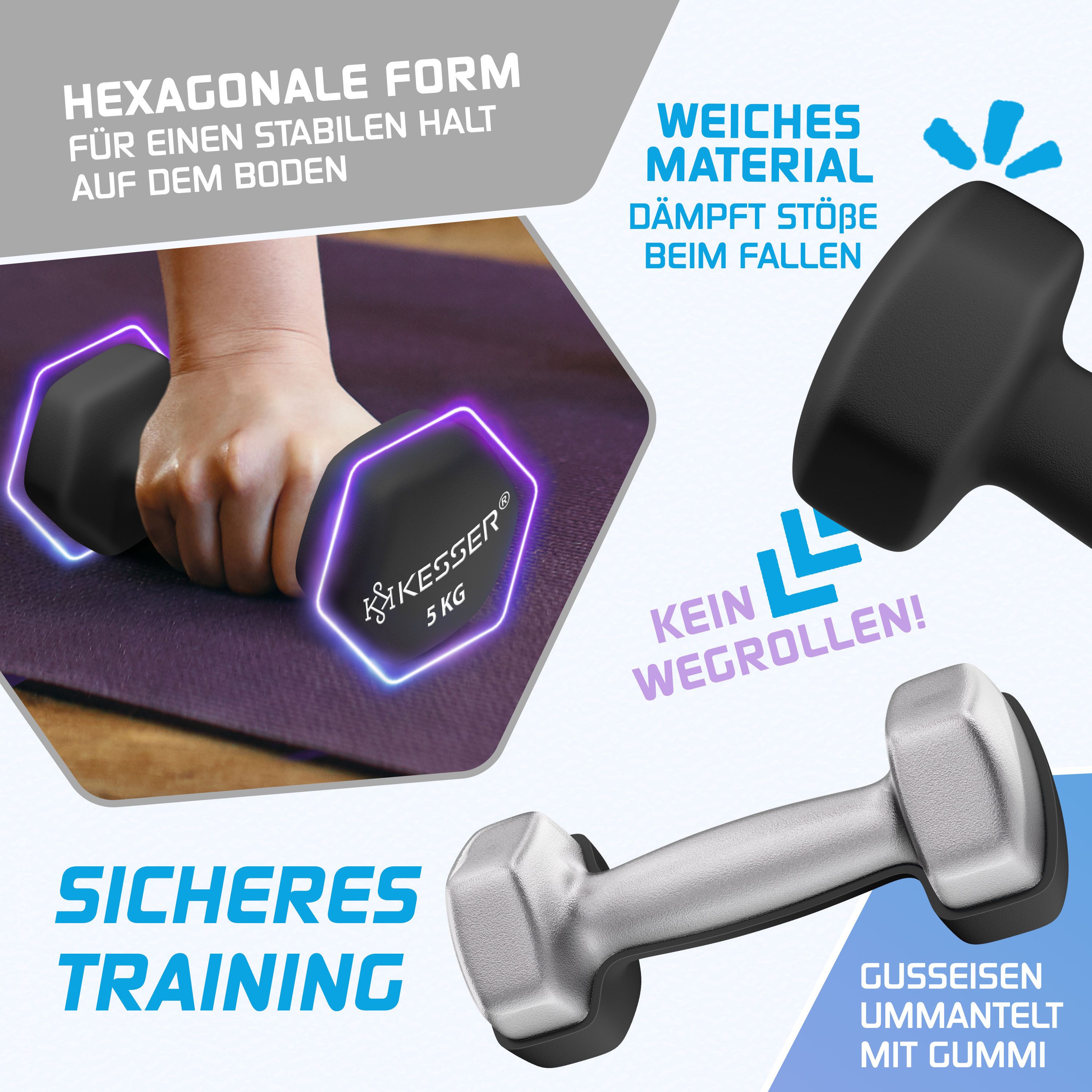 KESSER Hantel-Set, (2 x 5 kg), Kurzhantel Gymnastikhanteln 2er Set mit Übungsheft, 2x Fitnessbänder