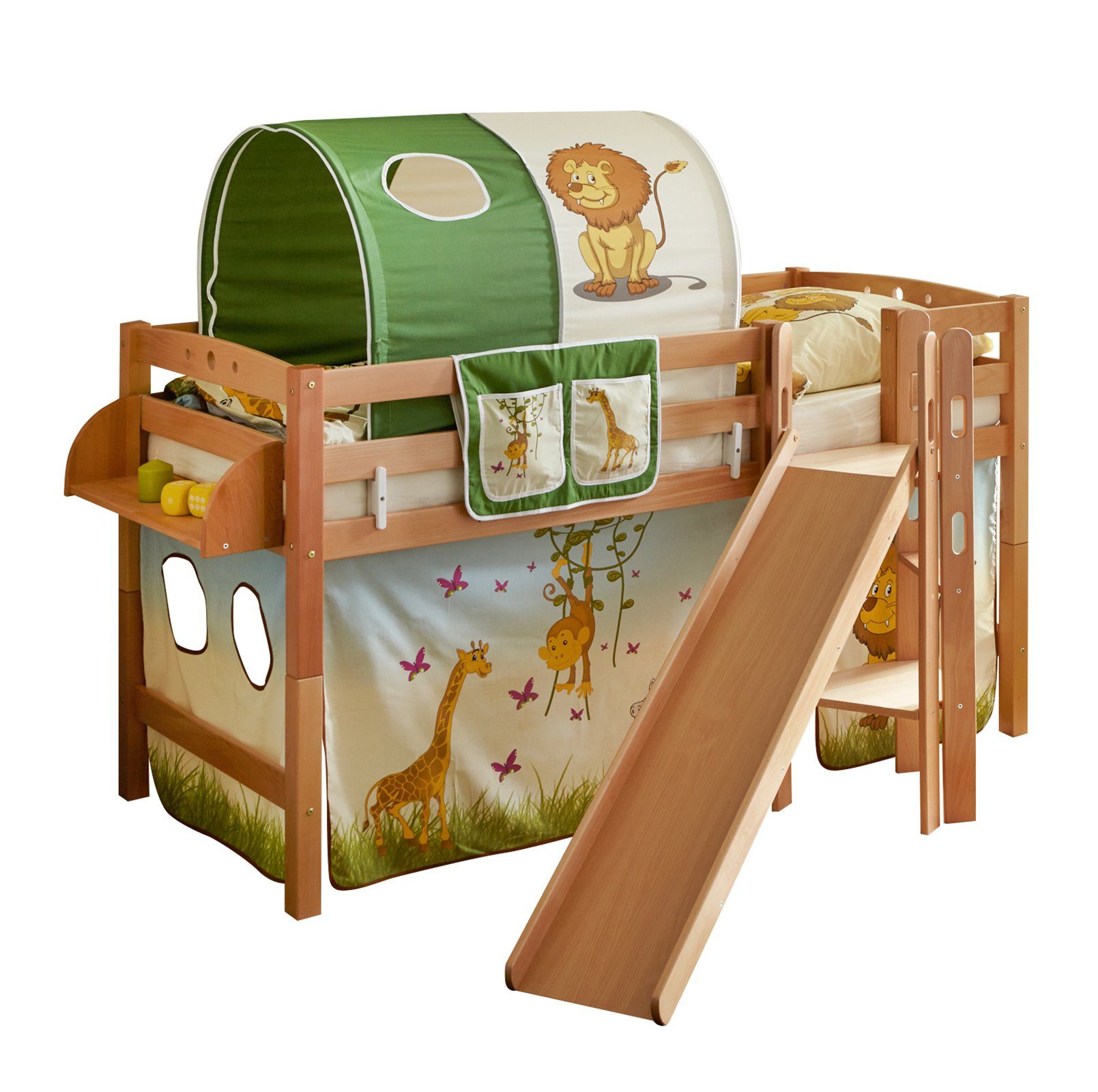Ticaa Hochbett Hochbett mit Rutsche Podestbett "Tino" Buche Natur