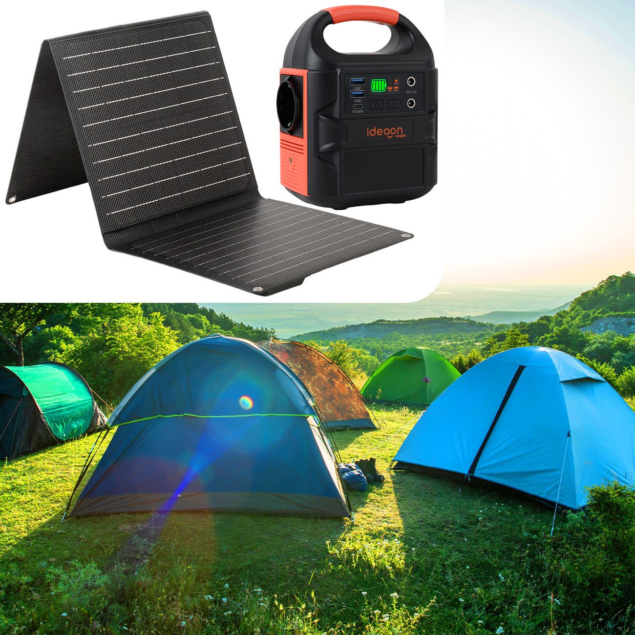 shop'n smile ideoon Solar-Powerstation Set 88,8Wh Faltbares 21W Solarpanel 230V-Steckdose Powerstation (Solar Input: 15 - 24 V, max. 1,2 A, 28,8 W V, 2 St), Solargenerator Set - 21W Solarpanel IP65, 230V, PD 65W & LED-Leuchte