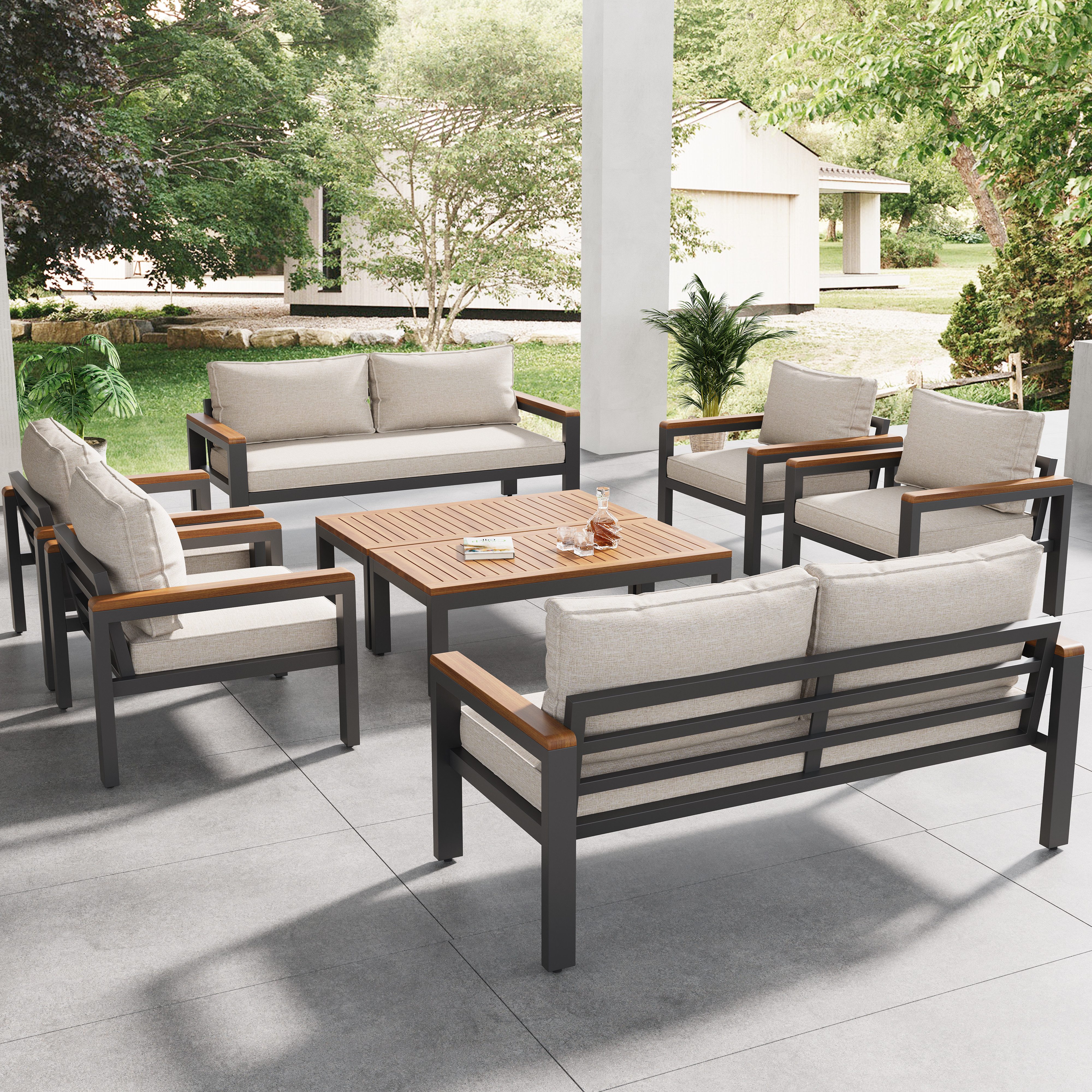 HAUSS SPOLE Gartenlounge-Set 8er Set mit verzinktem Eisenrahmen dekorative Armlehnen aus Holz, (Gartenmöbel-Set 8-teilig – Loungeset mit verzinktem Eisenrahmen, Akazienholz-Armlehnen, ergonomische Kissen, wetterfest, für Garten, Terrasse, Balkon, 8-tlg., 2x2-Sitzer-Sofa, 4 Einzelstühle, 2x Tisch), Graue, dekorative Armlehnen aus Holz