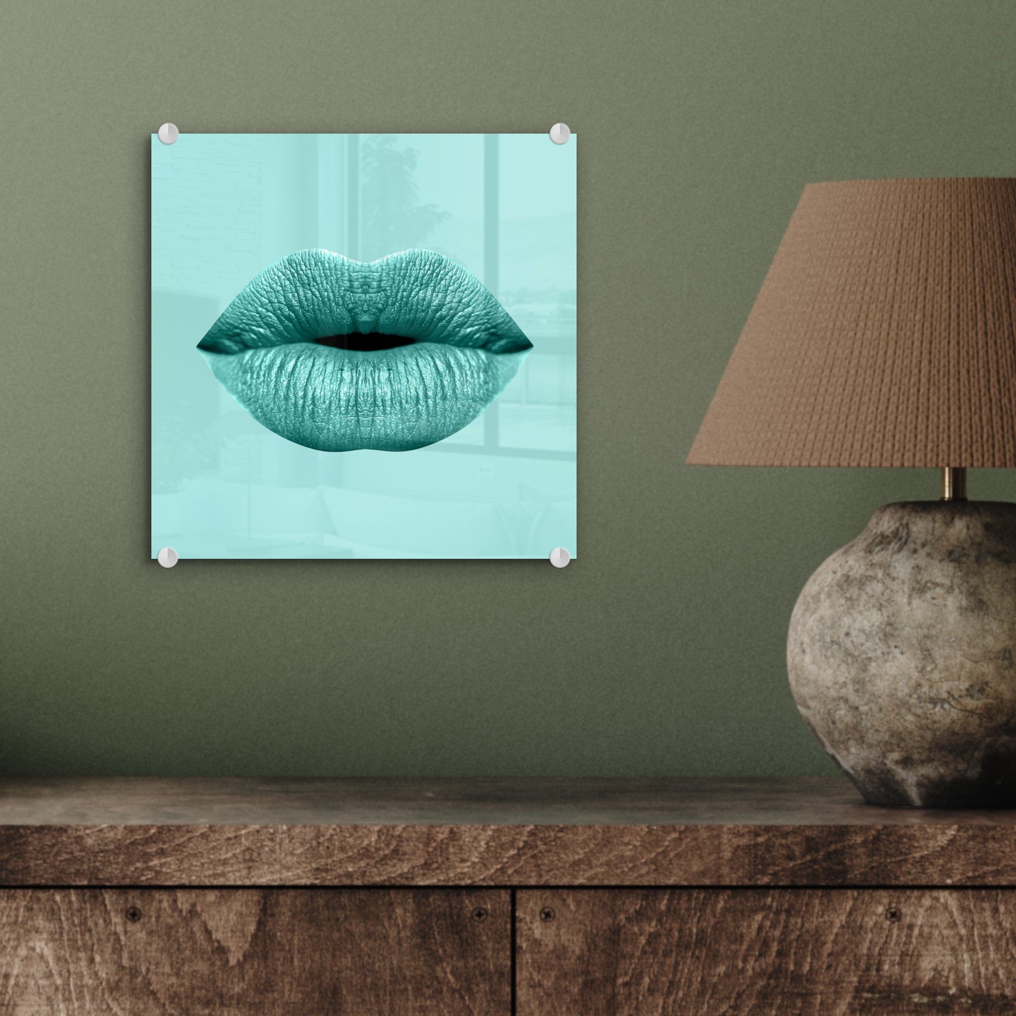 Wandbild bunt Bilder Lippen (1 Glas Blau, St), MuchoWow Acrylglasbild - Wanddekoration Glasbilder - auf - Foto Pastell auf - - Glas