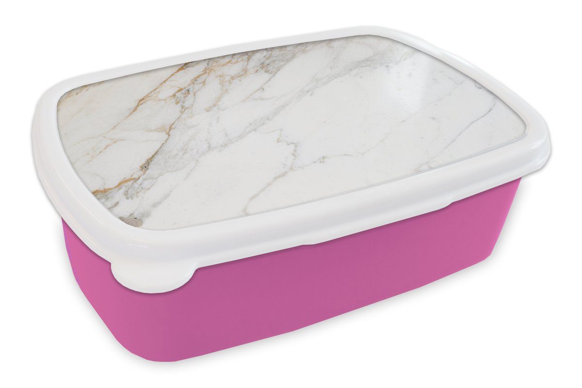 MuchoWow Lunchbox Marmor - Stein - Weiß - Gold - Marmoroptik - Stein - Luxus, Kunststoff, (2-tlg), Brotbox für Erwachsene, Brotdose Kinder, Snackbox, Mädchen, Kunststoff rosa