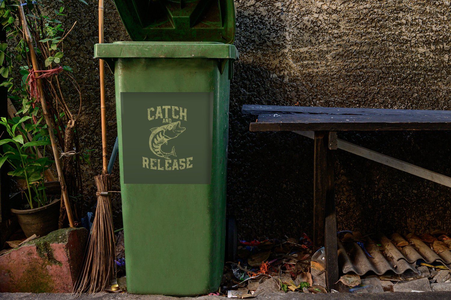 Sticker, Wandsticker Fisch - - Text Mülleimer-aufkleber, St), Abfalbehälter (1 Mülltonne, Jahrgang MuchoWow Container,