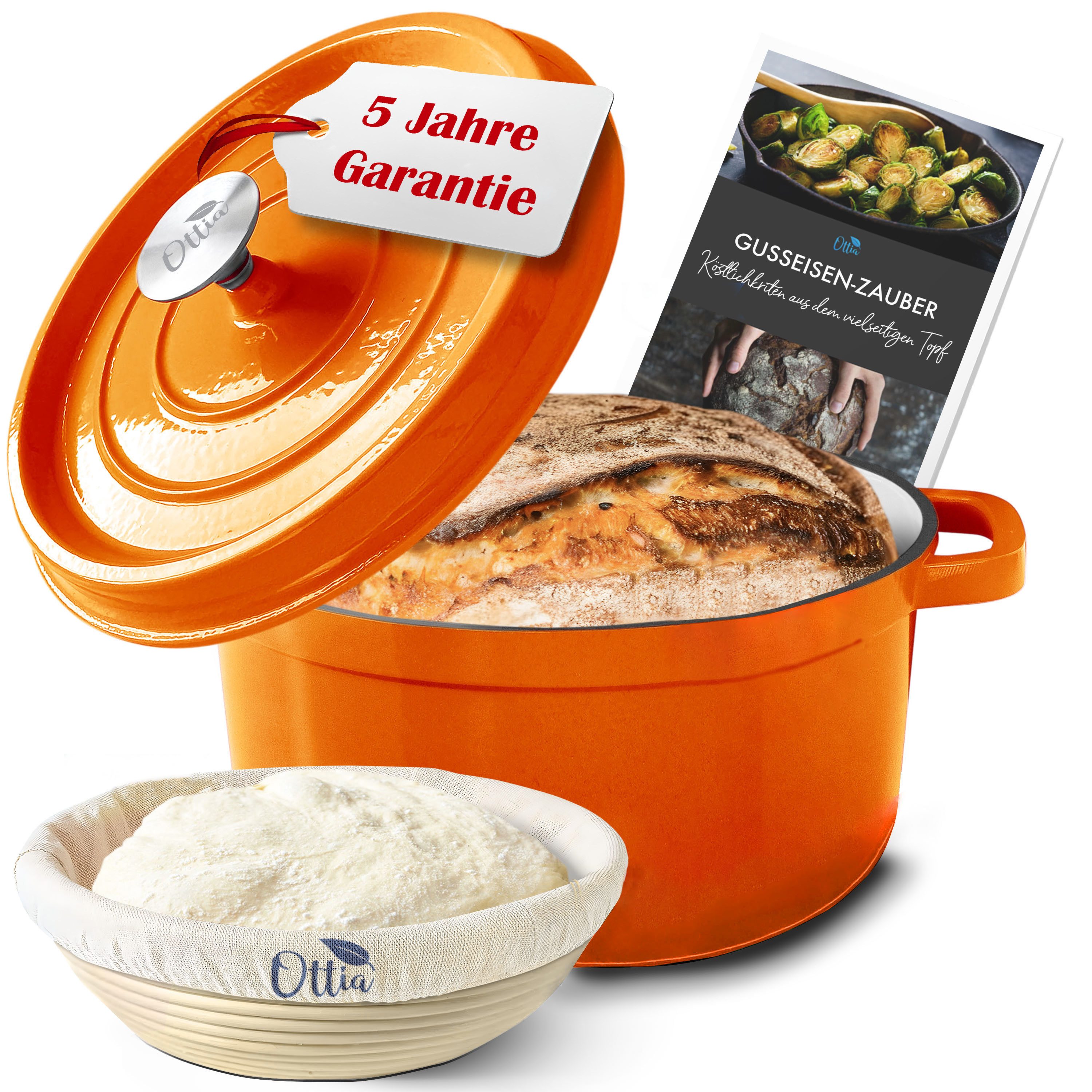Ottia Schmortopf Gusseisen Topf, 26cm groß, 5L, Кастрюли жаровни, Brotbacktopf, alle Herdarten, Gusseisen, 3-fach Emaille (inkl. Zubehör (E-Rezeptbuch & Gärkorb), Händler aus Hamburg