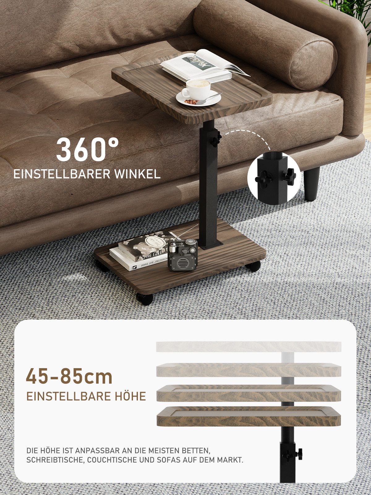 ROYGBIV Beistelltisch Höhenverstellbar mit Rollen, Beistelltisch C Form mit Metallgestell, Side Table für Wohnzimmer