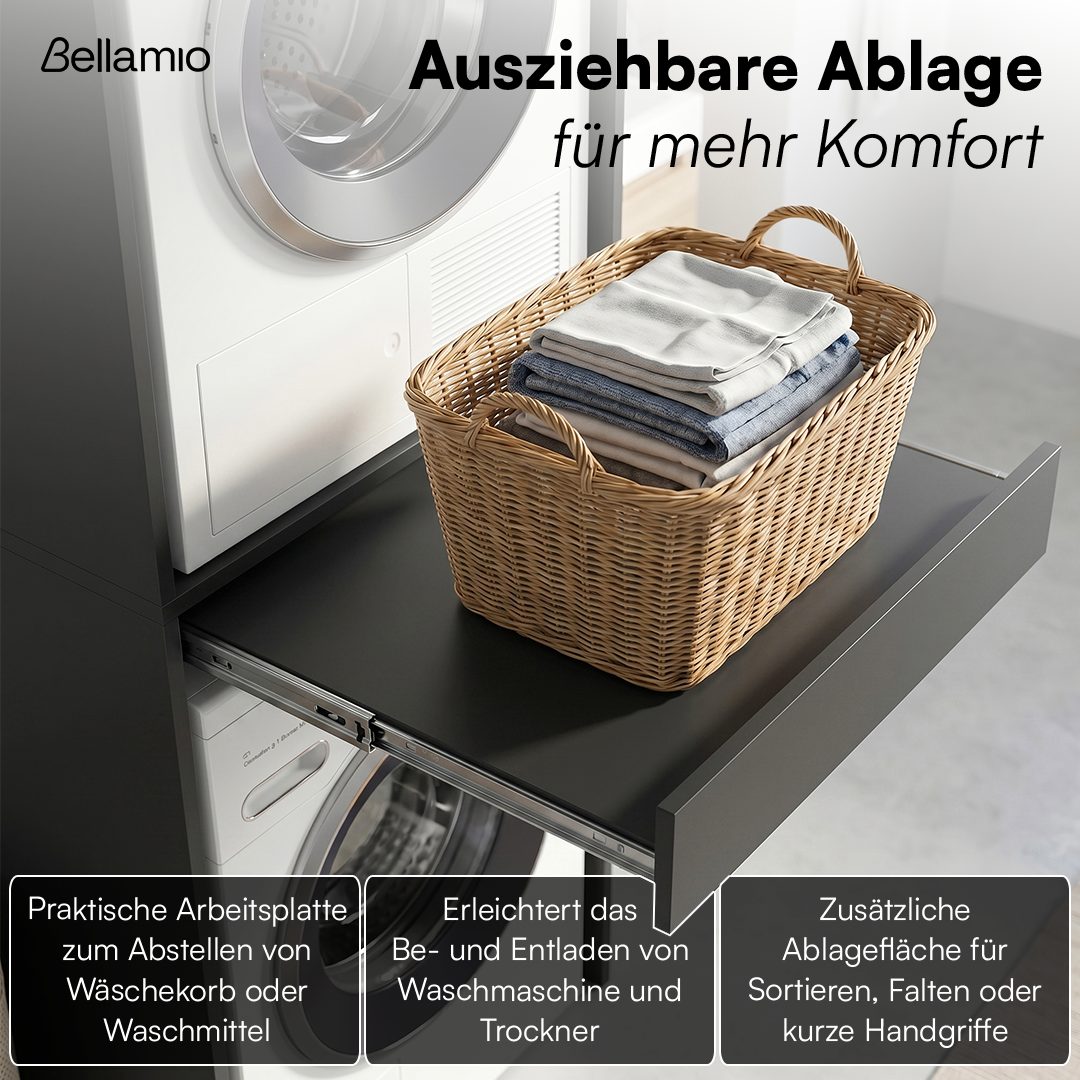 Bellamio Waschmaschinenumbauschrank Vist, Waschturm für Waschmaschine & Trockner mit ausziehbarer Ablage (187 x 65 x 66 cm (HxTxB), anthrazit) Hochschrank kompatibel mit Standardgeräten, mit Wandanschluss
