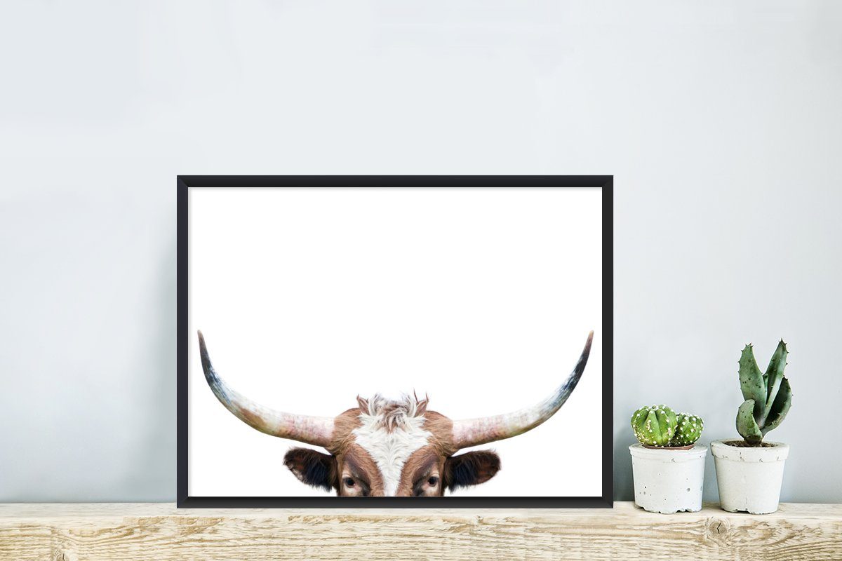 MuchoWow Poster Stier - Tiere mit Gerahmtes Hörner St), (1 Kunstdruck, - Bilderrahmen Rahmen, Poster, Schwarzem - Natur