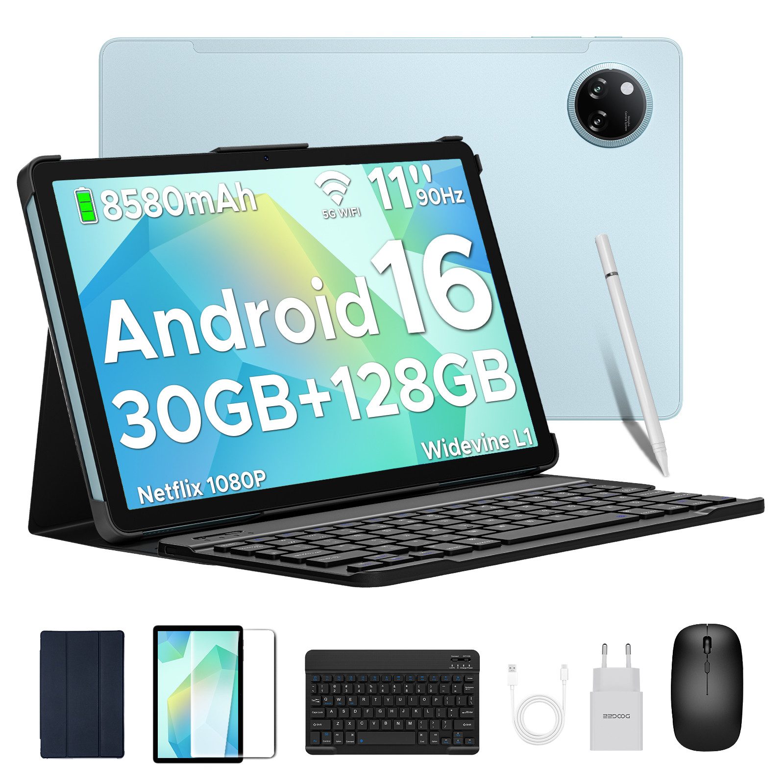 DOOGEE Tab A9 Pro+ Tablet mit Tastatur Android 16 128GB/2TB,11 Zoll Gaming Tablet (11", 128 GB, Android 16, 8580 mAh Akku, 13 MP + 5 MP, WiFi 5, Face ID, OTG, Widevine L1)