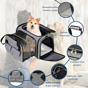 Cbei Tiertransporttasche Tragetasche Katze und Hund, Erweiterbar mit Glöckchen und Vlieskissen bis 10,00 kg, Atmungsaktiv, 4-Fenster-Design für Katzen und kleine Hunde