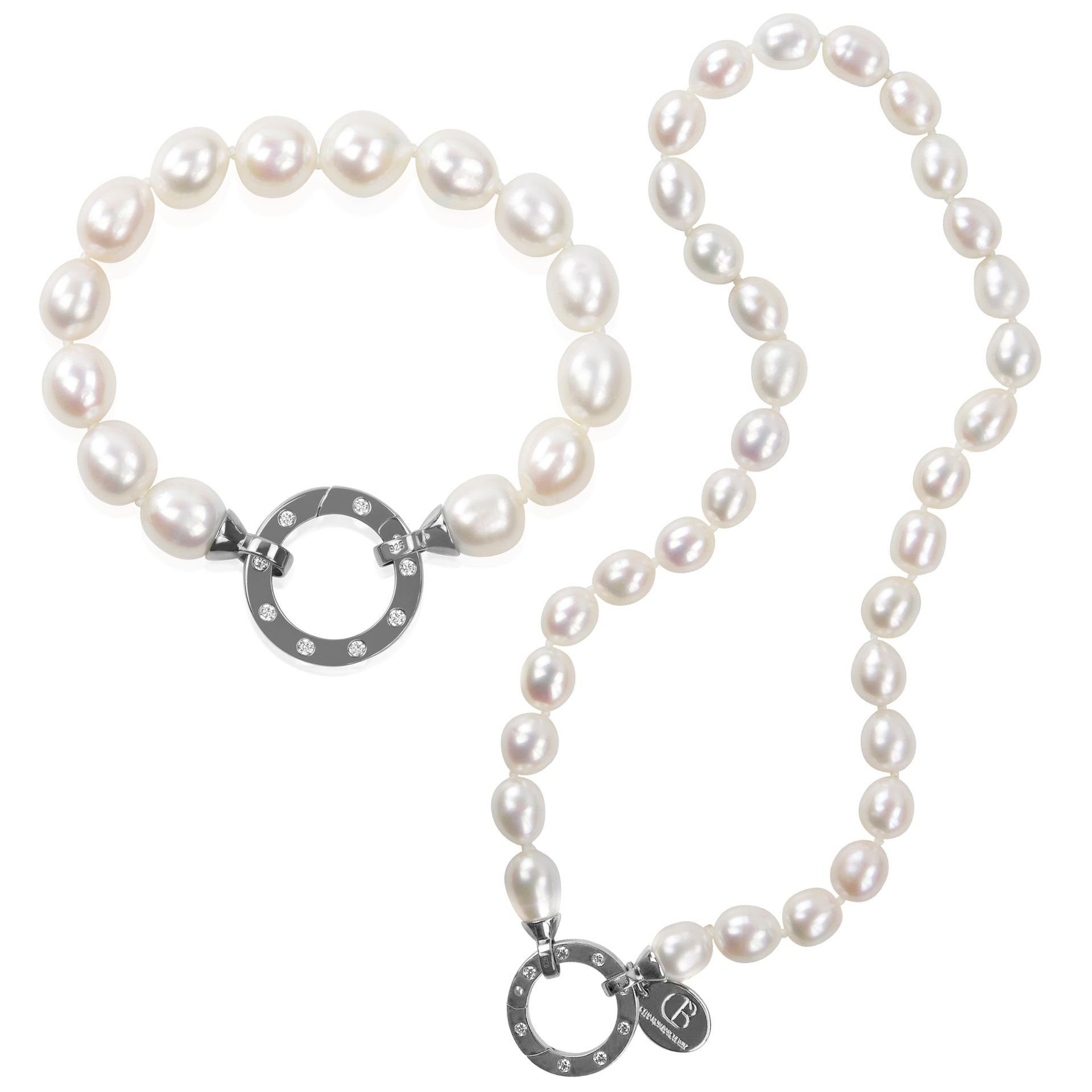 Célia von Barchewitz Perlenketten-Set "Zeitlos Schön" (Armband mit kurzer Halskette, 2-tlg), echte ovale Süßwasser-Zuchtperlen (BIWA), Modulring mit Zirkonia Weiß