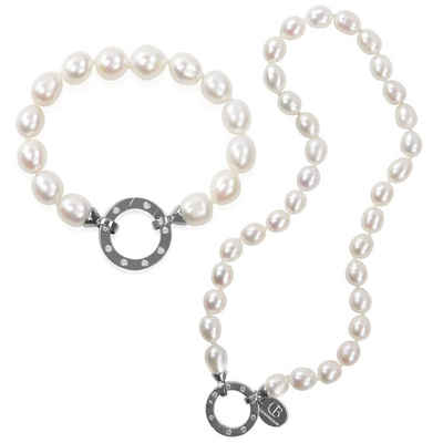 Célia von Barchewitz Perlenketten-Set "Zeitlos Schön" (Armband mit kurzer Halskette, 2-tlg), echte ovale Süßwasser-Zuchtperlen (BIWA), Modulring mit Zirkonia