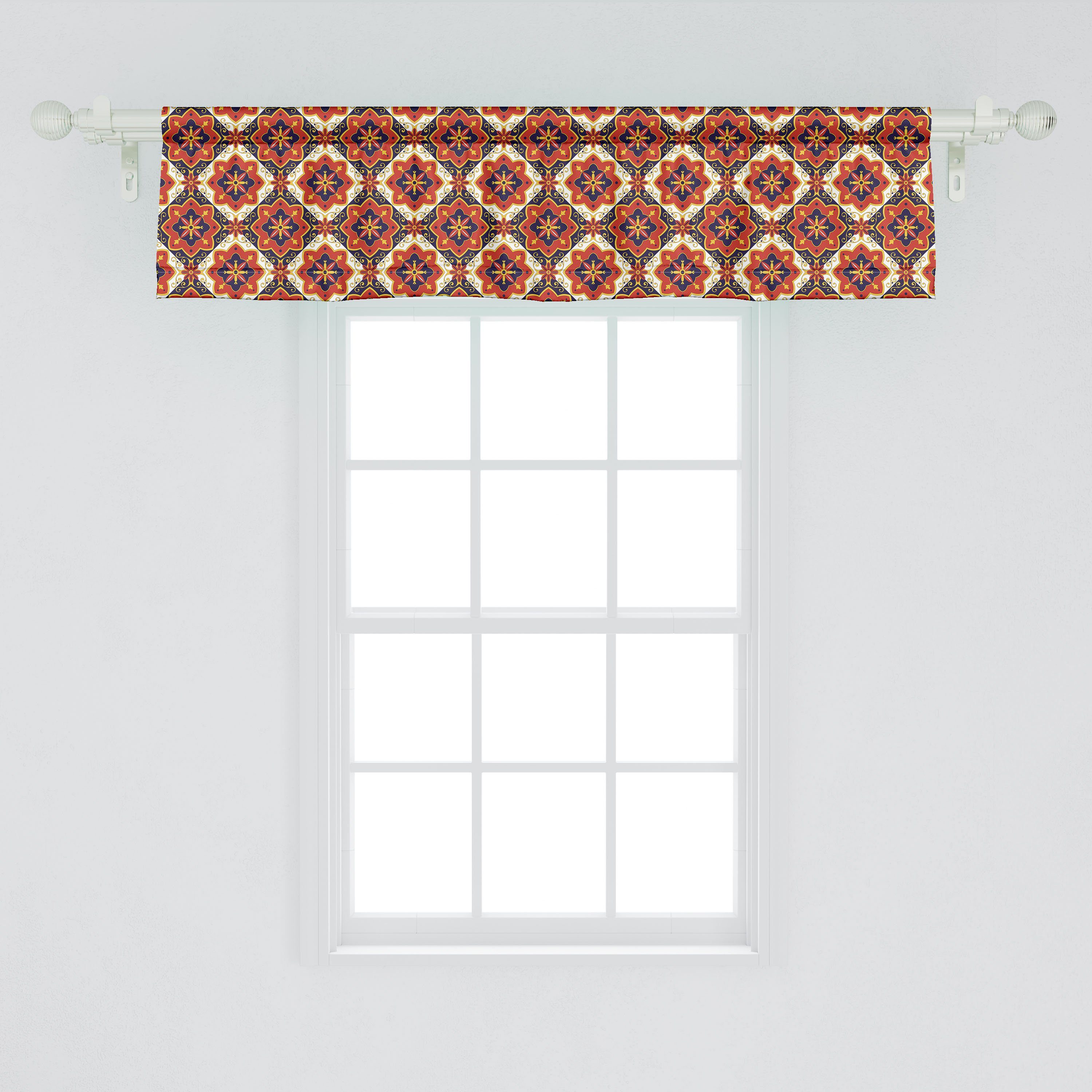 Scheibengardine Vorhang Volant Dekor Mittelmeer- für Abakuhaus, Azulejo Microfaser, Blumenmotiv Stangentasche, Küche mit Schlafzimmer