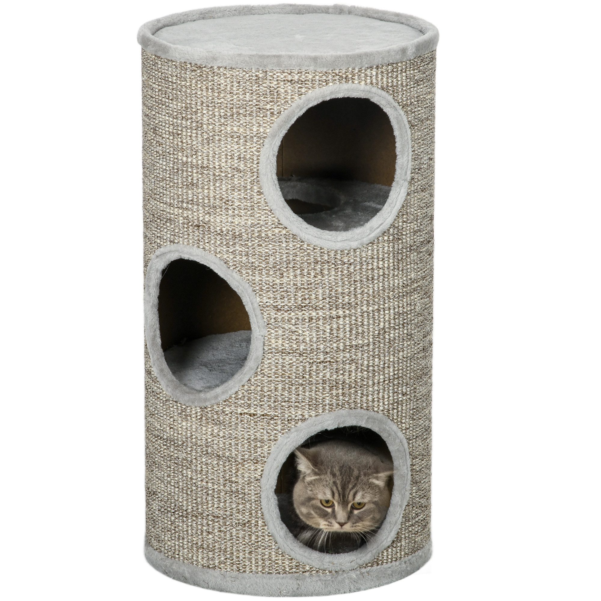 PawHut Kratztonne Höhe 70 cm, 3 Ebenen, mit 3 Höhlen, (Katzenmöbel, 1-tlg., Kratzturm), aus Sisal, Katzenmöbel, Plüsch, Grau