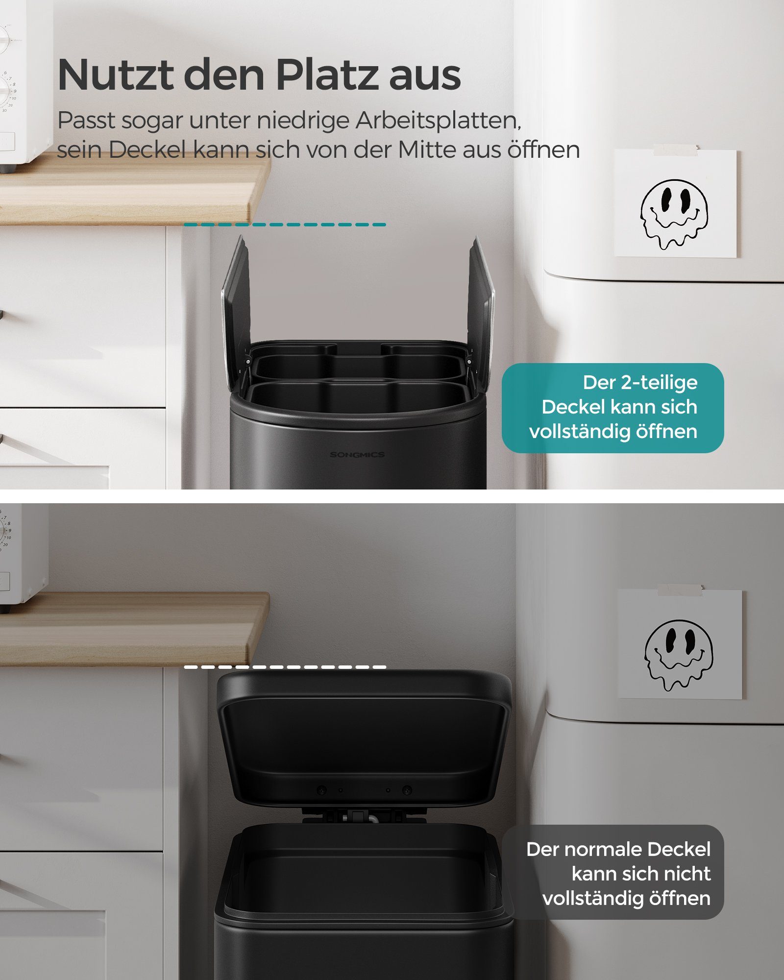 SONGMICS Mülleimer, Küche, Mülltrennsystem 2 Fächer, 30 L und 20 L