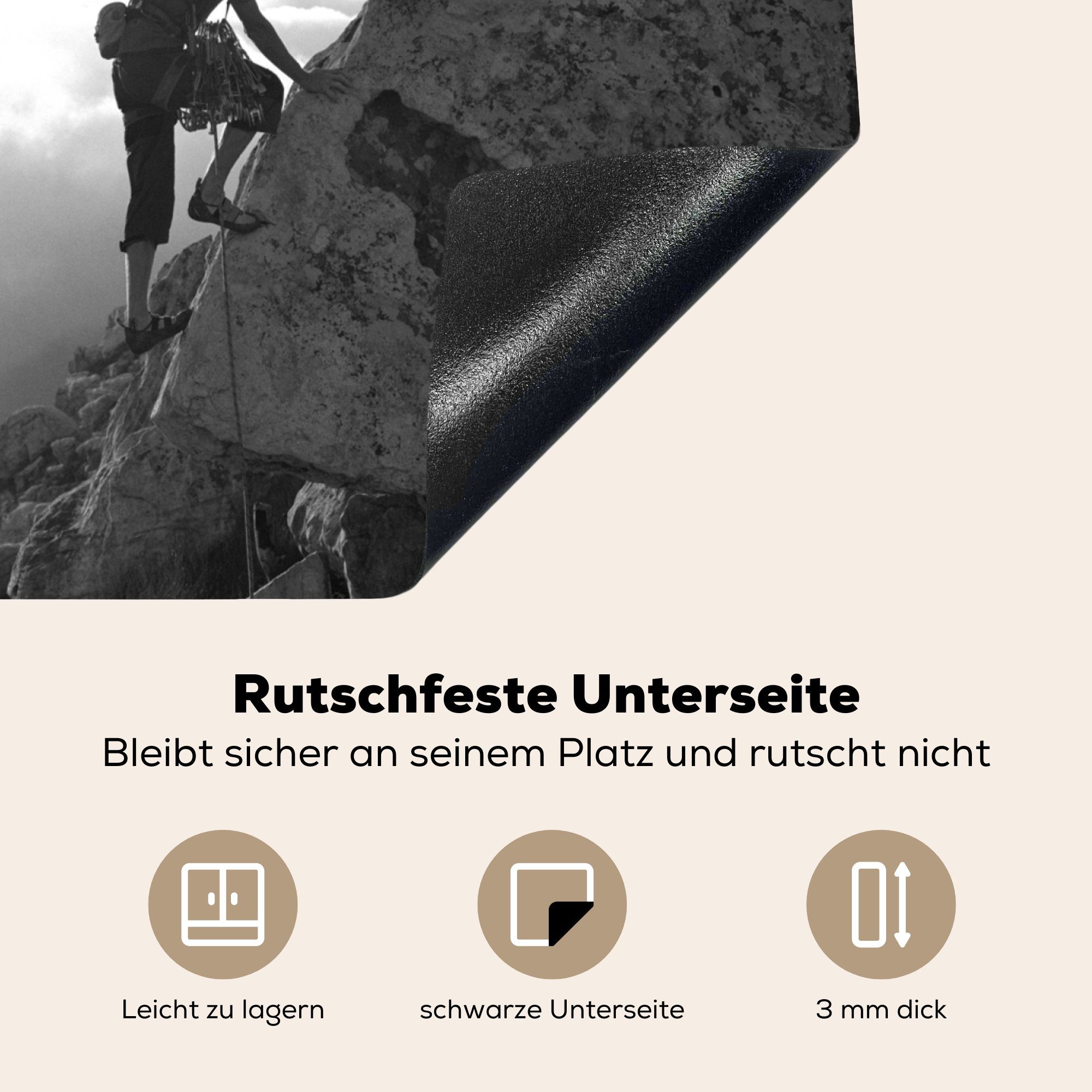 cm, weiß, 60x52 Gipfel - den MuchoWow schwarz Bergsteiger Vinyl, nutzbar, tlg), Arbeitsfläche (1 erreicht Herdblende-/Abdeckplatte Ceranfeldabdeckung und Mobile